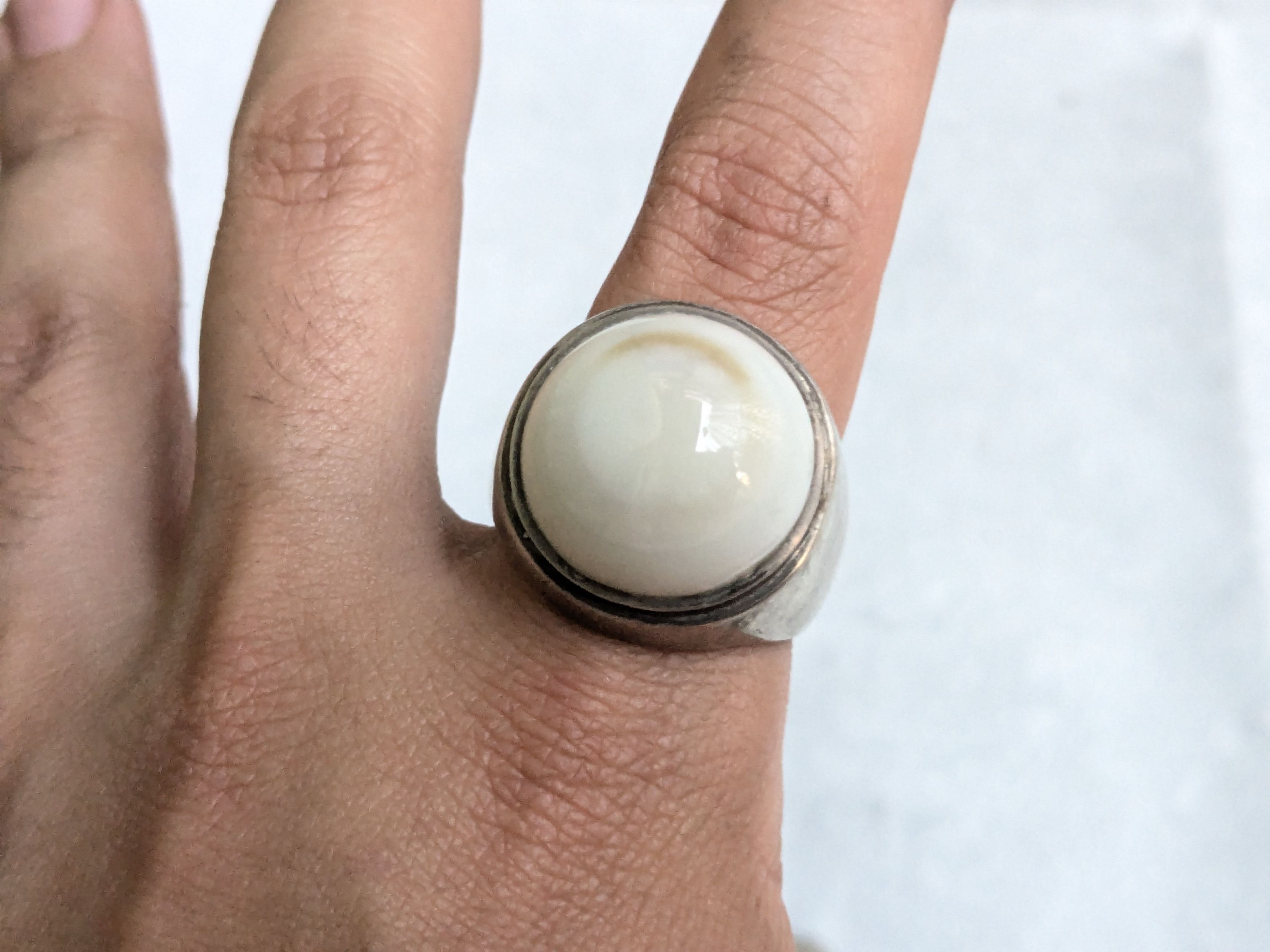 Jewelry Vintage .900 Silver Ring White Agate Round Cabochon 15.5 Size ONE SIZE - 11 Thumbnail