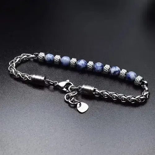 Handmade 6mm Blue Stone Beads Stainless Steel Bracelet Size ONE SIZE - 2 Thumbnail