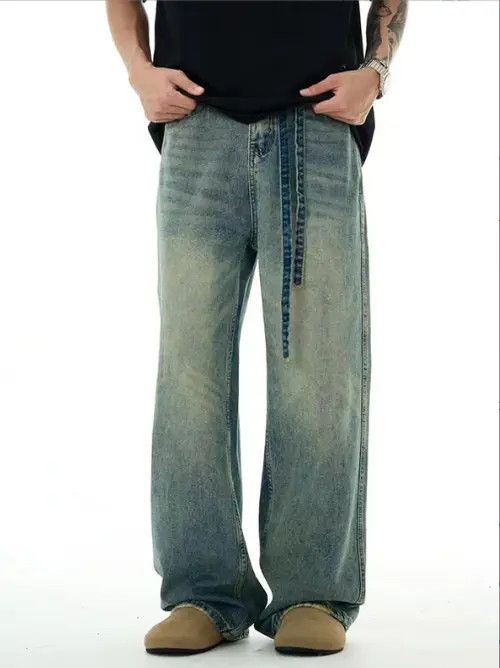 Japanese Brand × Jean Men's blue straight loose washed distressed belt jeans Size US 32 / EU 48 - 1 Thumbnail