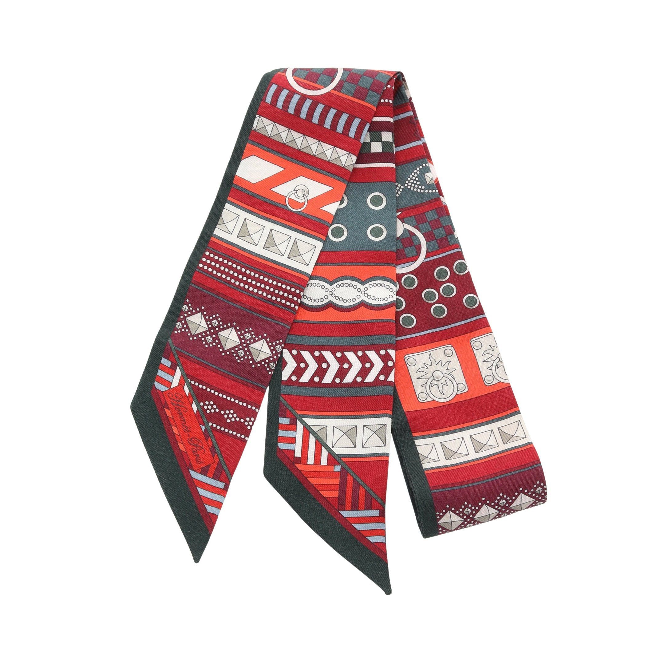 Hermes Hermes Twilly Colliers De Chiens Ribbon Scarf Silk Dark Green Red Multicolor Size ONE SIZE - 1 Thumbnail