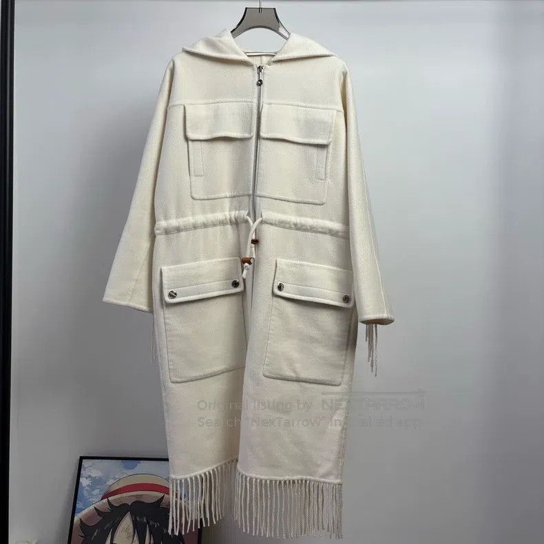 Hermes Pure White Fringe Cashmere Overcoat