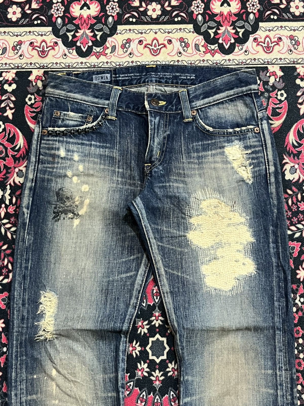 If Six Was Nine Edwin 503 Sashiko Pocket Studded Skull Painting Flare Jeans Size 28" / US 6 / IT 42 - 4 Thumbnail
