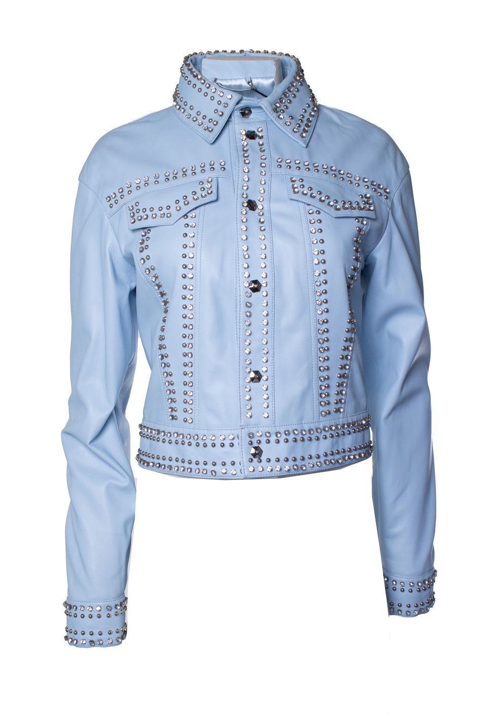 Philipp Plein Philipp Plein, light blue leather jacket with studs Size S / US 4 / IT 40 - 1 Thumbnail
