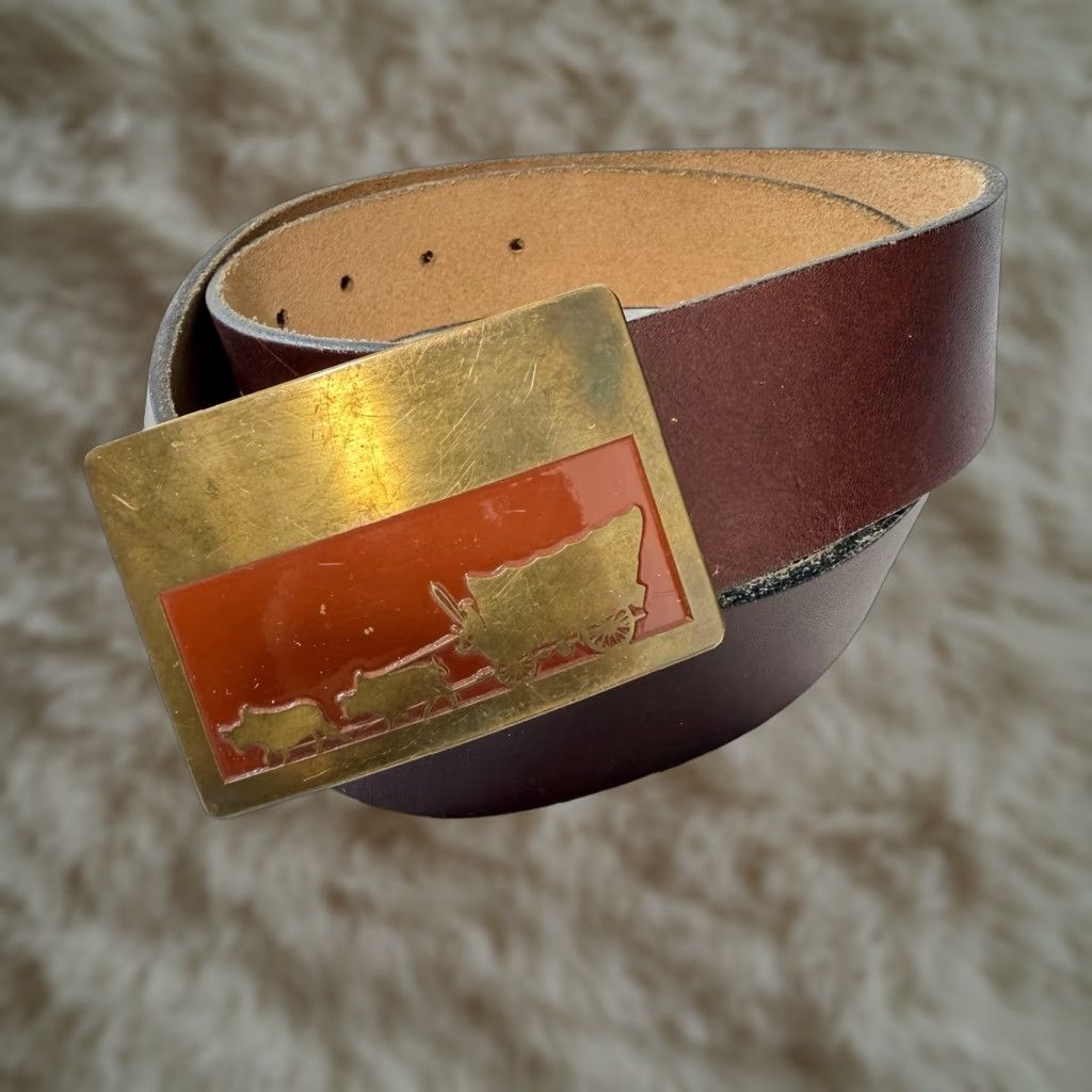 Vintage VINTAGE Ampersand Western Belt Buckle Brown Leather 1980s Buckle Gold Brass Unisex Adult Kalamazoo Ducks Bulls Wind Wagon Retro Art Deco Belt Buckle Size ONE SIZE - 1 Thumbnail