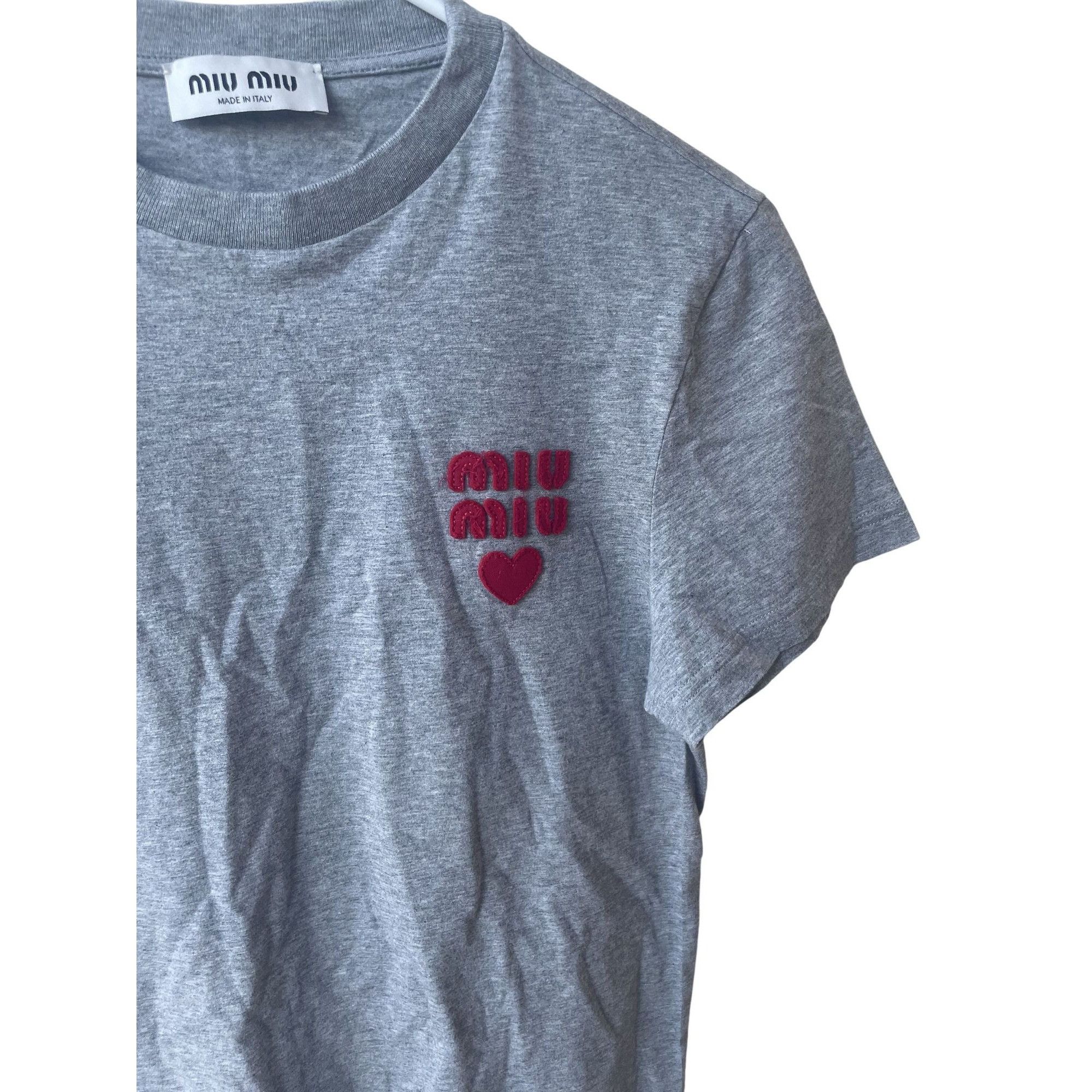 Miu Miu Miu Miu Womens Grey Cotton T-Shirt With Red Logo & Heart Emb Size S / US 4 / IT 40 - 3 Thumbnail