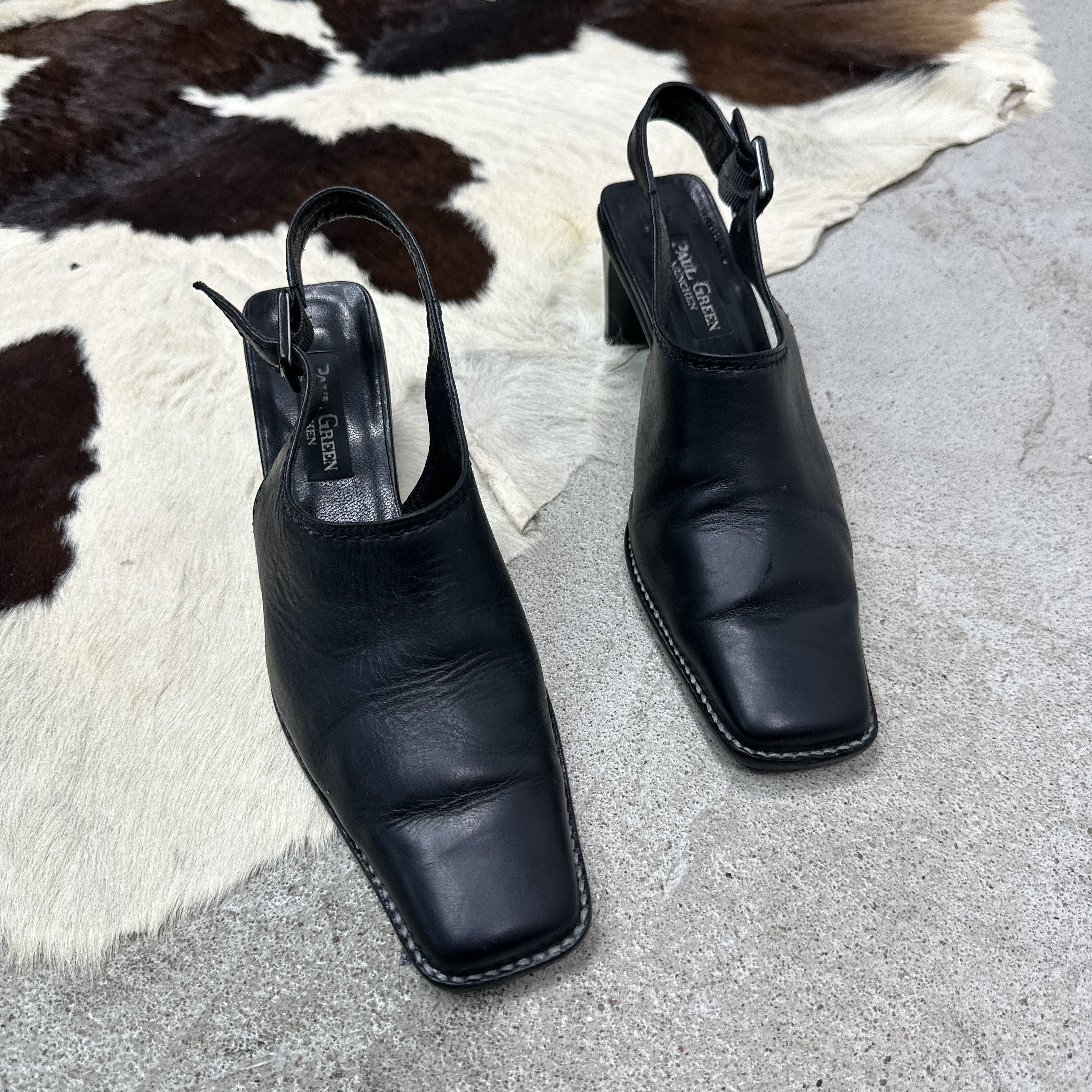 Vintage Vintage Avant Garde Leather Sling Back Square Toe Heels Y2K Size US 9 / IT 39 - 2 Thumbnail