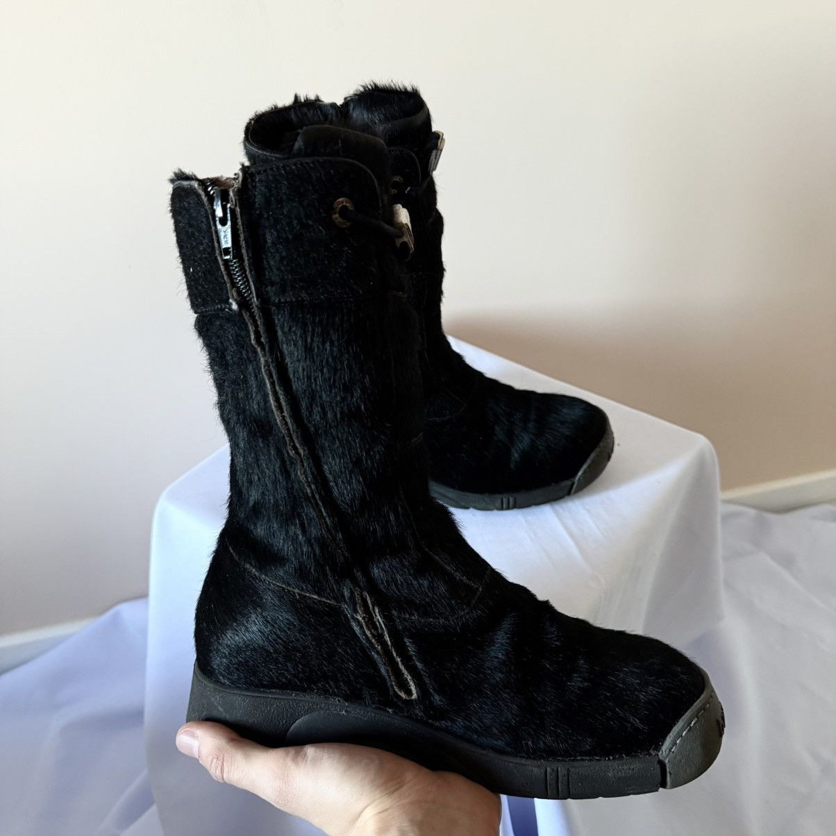 If Six Was Nine Vintage Y2K Bumper Pony Fur Black Lace Up Boots Size US 8 / IT 38 - 9 Thumbnail