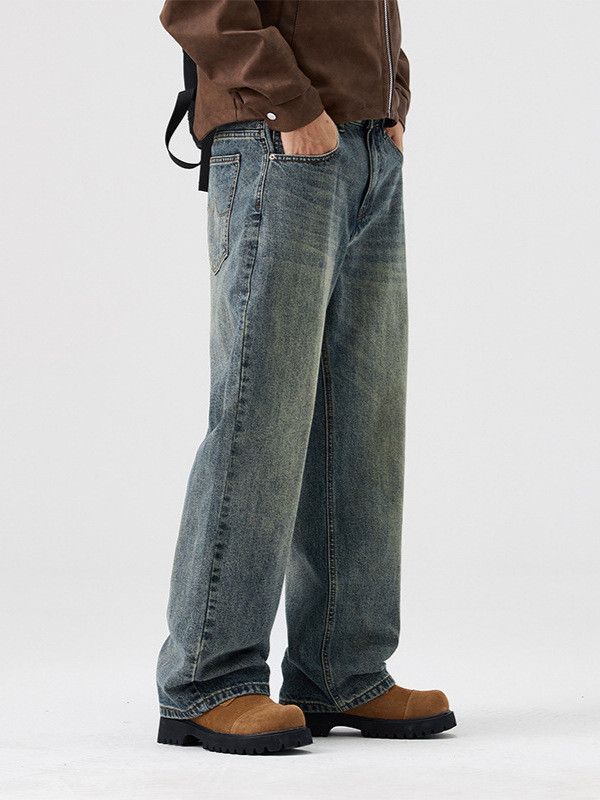 Japanese Brand Men's Retro Loose Wide-Leg Straight Washed Distressed Jeans Size US 32 / EU 48 - 3 Thumbnail