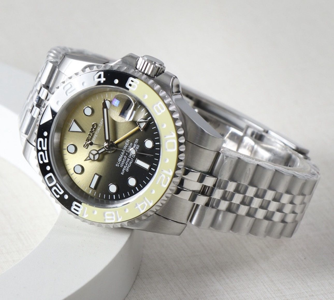 Japanese Brand Seiko Mod Gmt-Master 2 Black Yellow Steel Watch Jubilee 41mm Size ONE SIZE - 1 Thumbnail