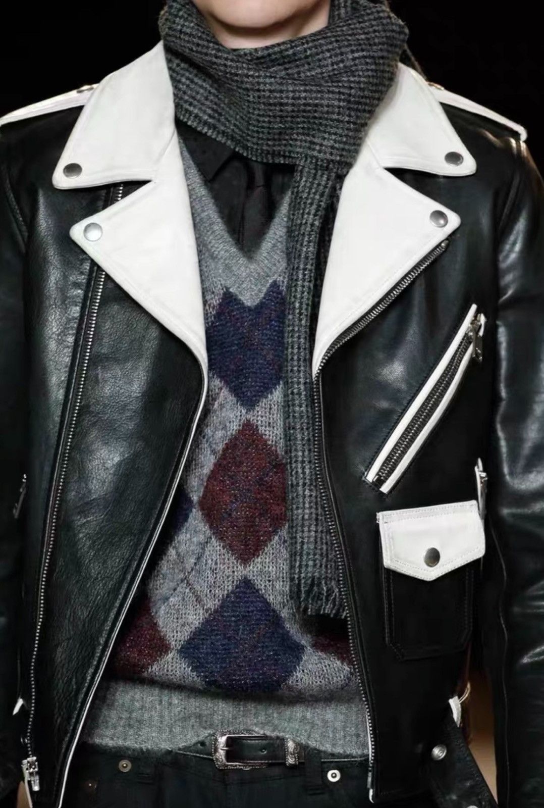 Saint Laurent Paris Saint Laurent 14FW Black & White Cowhide Motorcycle Jacket Size US L / EU 52-54 / 3 - 8 Thumbnail