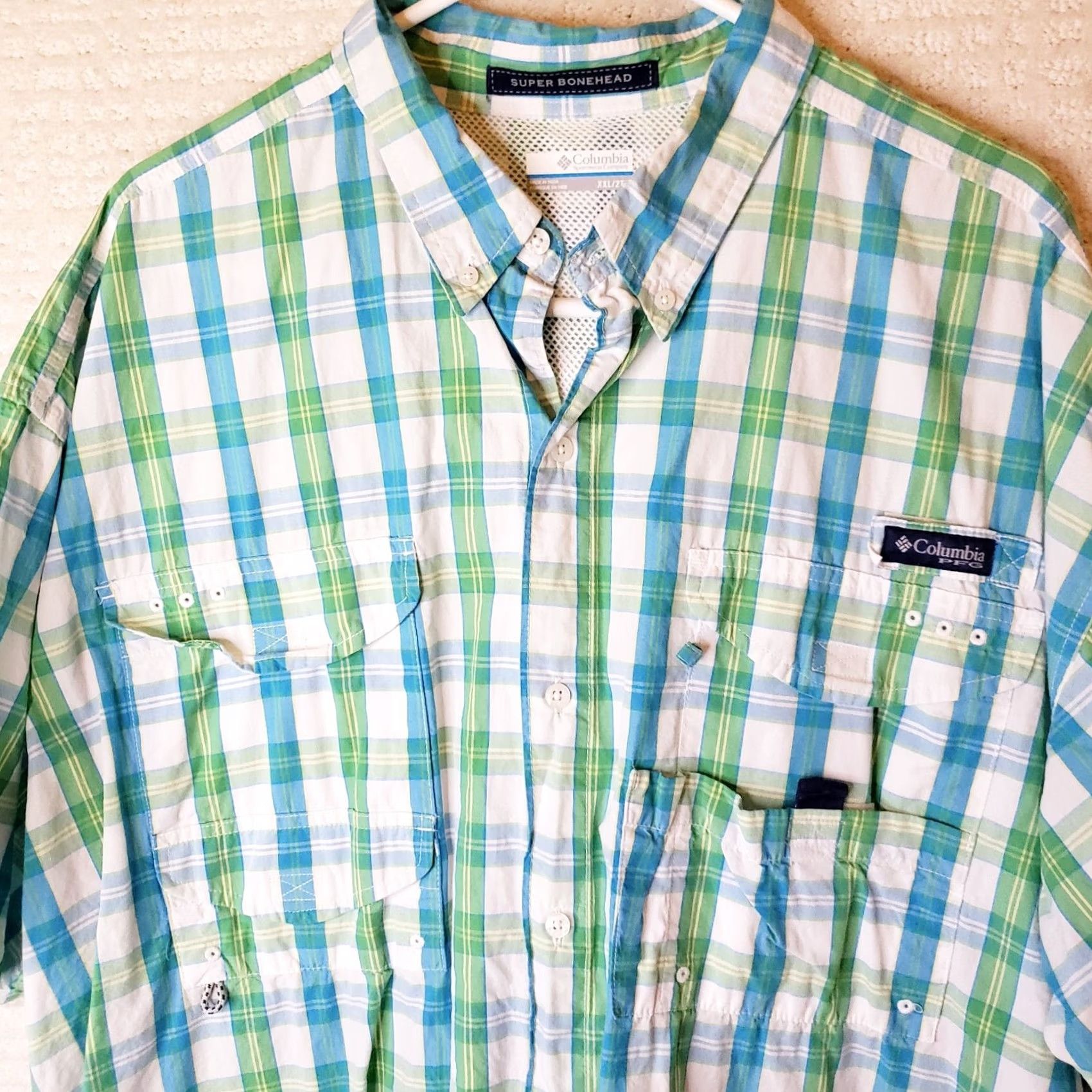 Vintage Columbia PFG Super Bonehead Fishing Shirt XXL Blue Green Plaid Short Sleeve Button-Up Mens 2XL Size US XXL / EU 58 / 5 - 3 Thumbnail