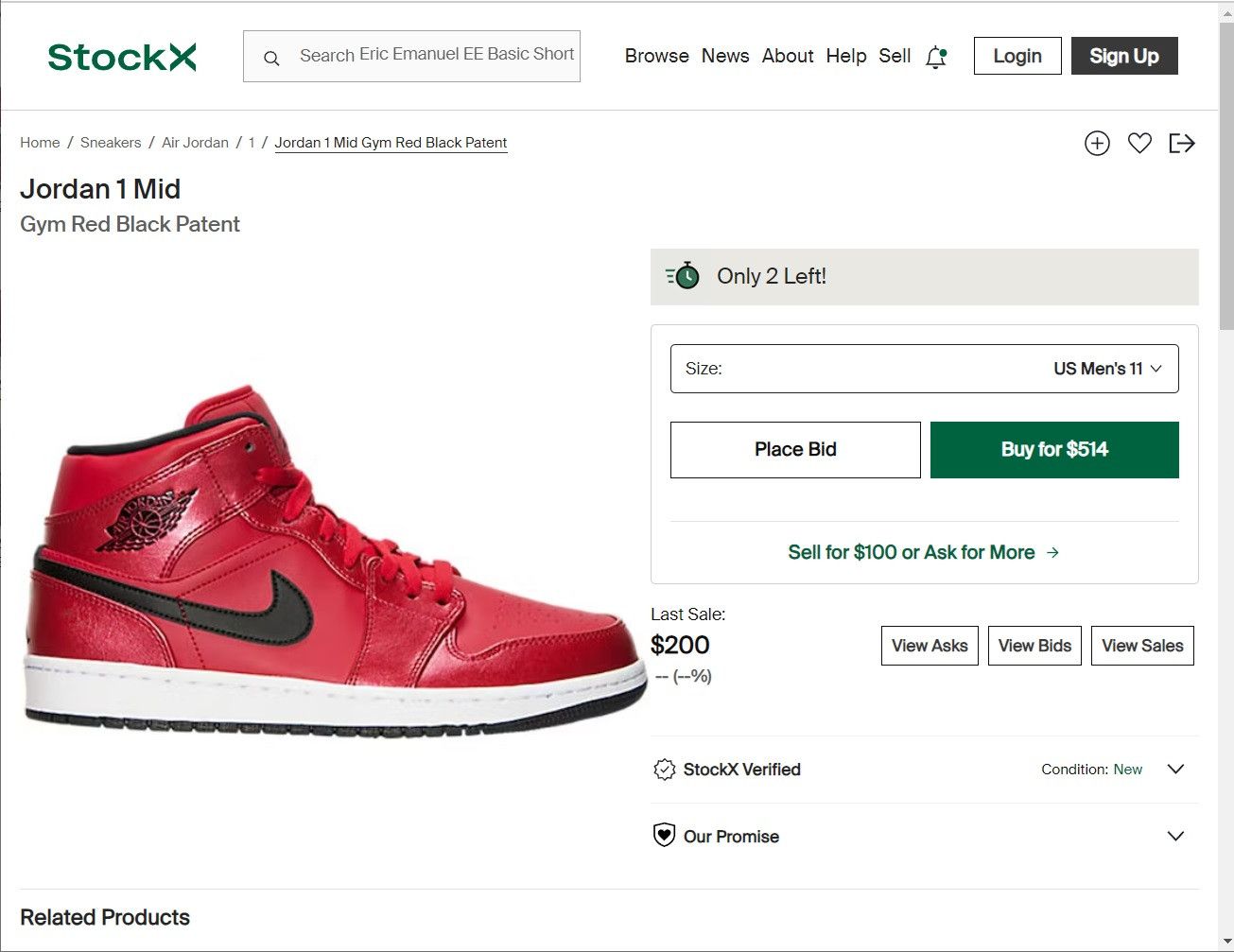 Jordan Brand Nike Air Jordan 1 Mid Gym Red Black Patent US 11 Size US 11 / EU 44 - 24 Thumbnail