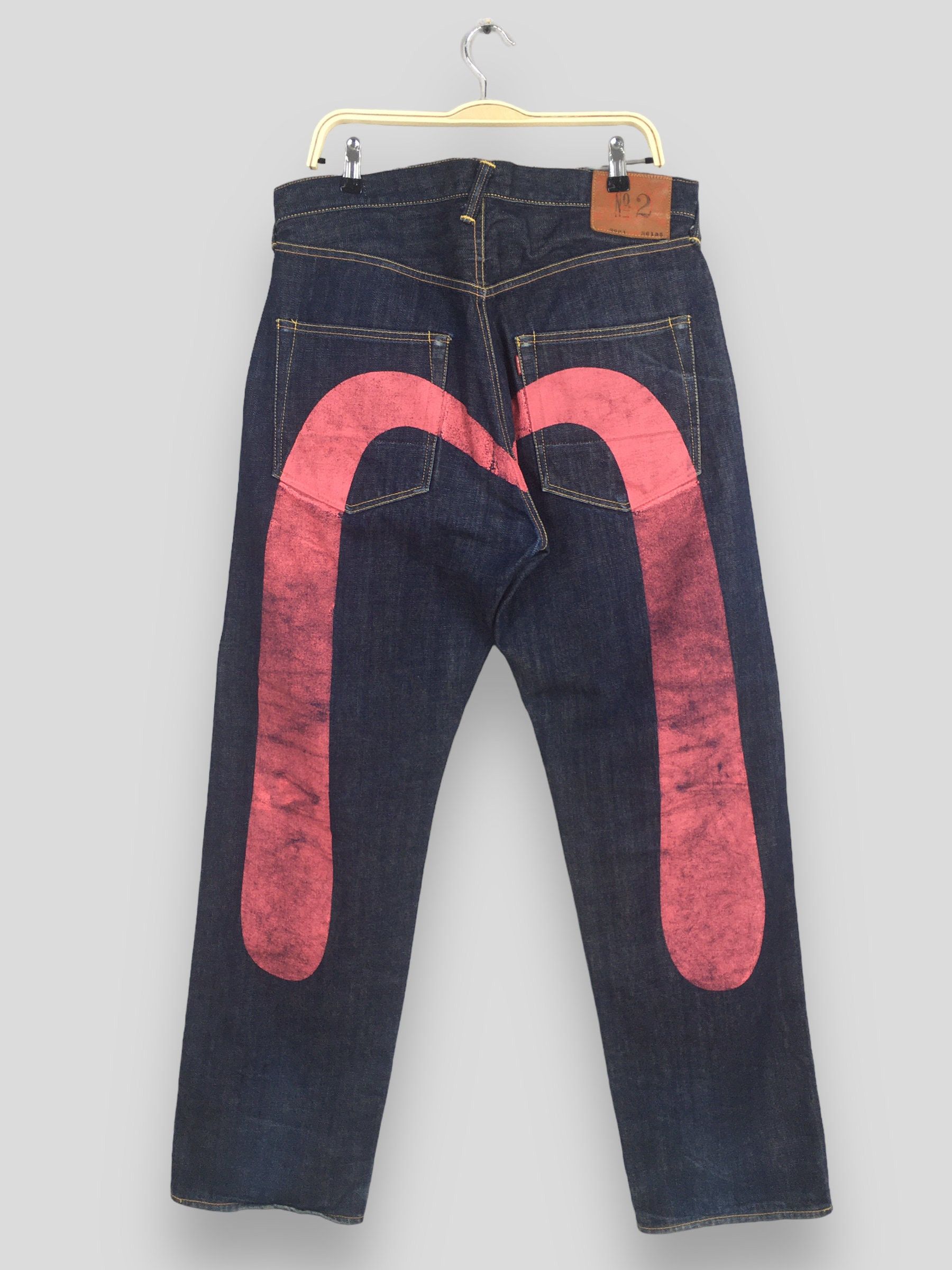 image of 34X34 Vintage Evisu Daicock Logo Pink Japan Denim Baggy in Blue, Men's