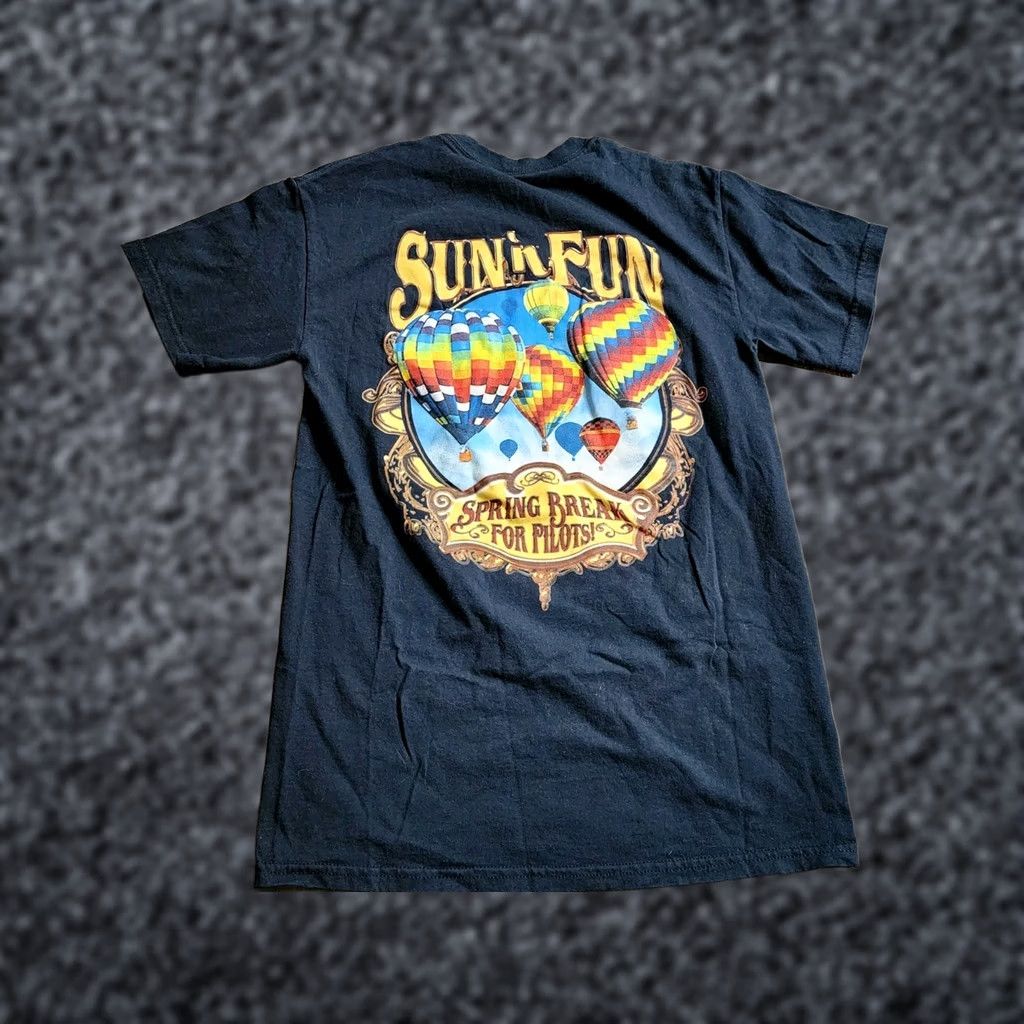 Gildan Mens S Gildan T-Shirt Sun N Fun Spring Break For Pilots Lakeland FL Double Sided Blue Graphic Print Crew Neck Short Sleeve Classic Womens? Size US S / EU 44-46 / 1 - 1 Thumbnail