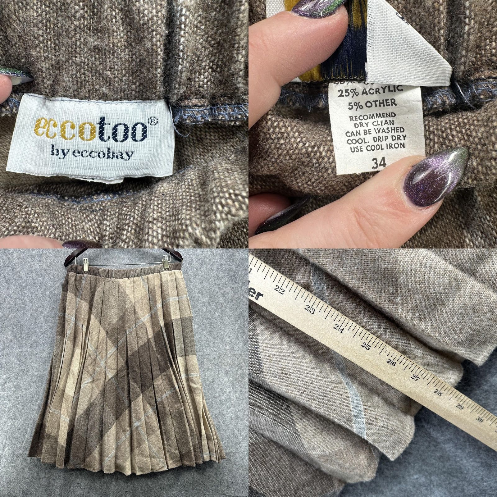 Vintage VINTAGE ECCOTOO Skirt Womens 34 Brown Beige Plaid Pleated Elastic Waist A-Line Tartan Womens Size 24" / US 00 / IT 34 - 8 Thumbnail