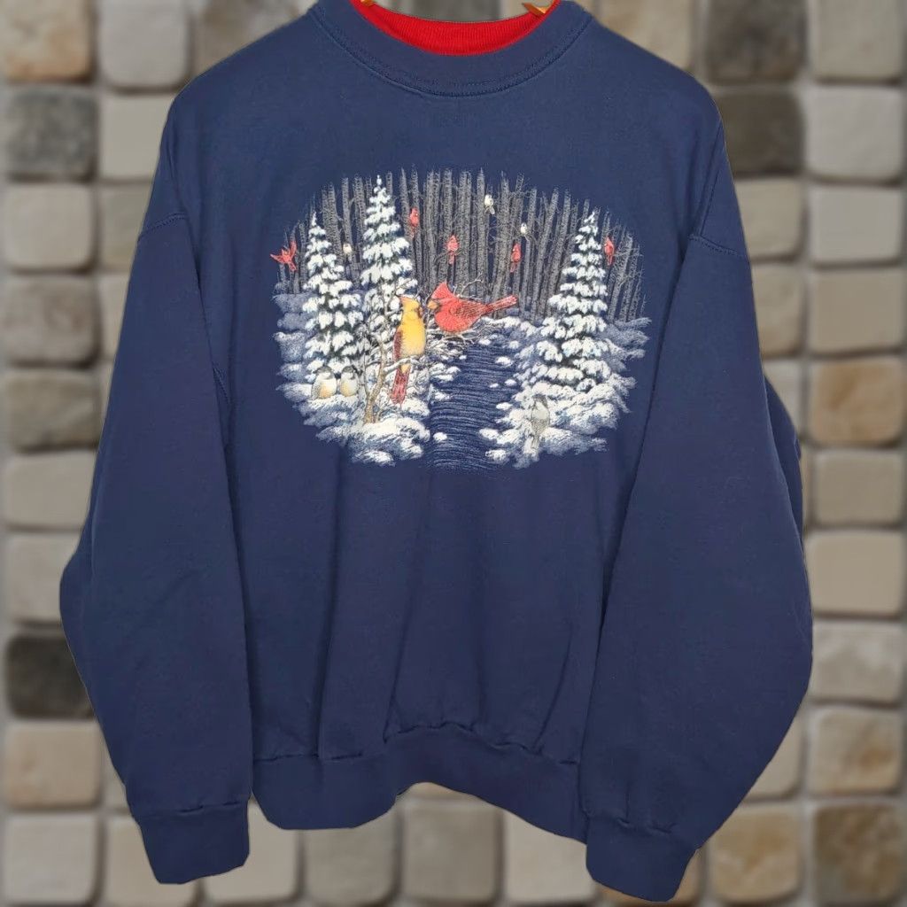 Vintage Vintage Morning Sun Sweatshirt Unisex L Navy Winter Bird Lovers Cardinals Trees Size L / US 10 / IT 46 - 1 Thumbnail