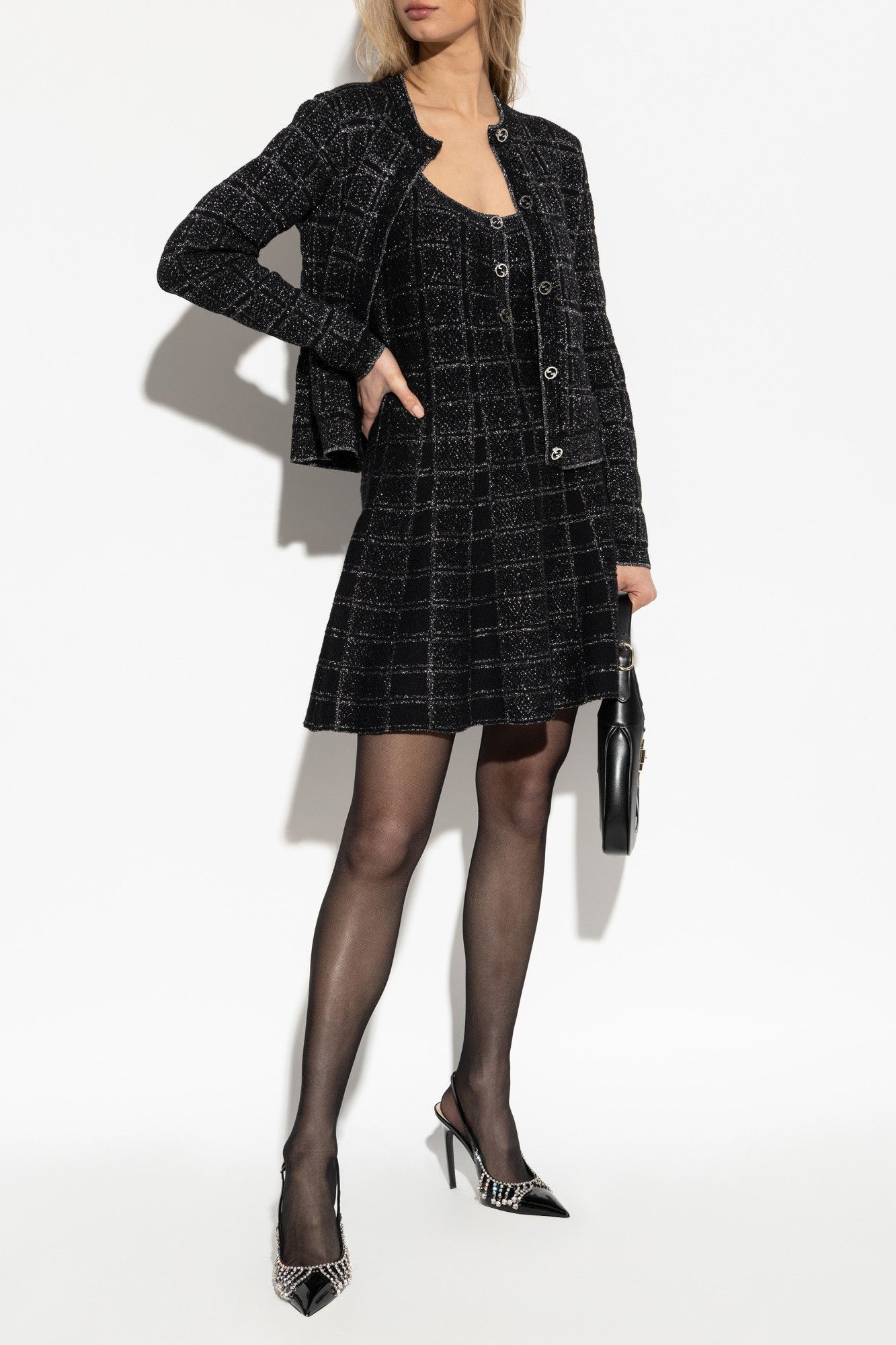 Gucci o1la5ras0526 Wool And Lame Check Jacquard Dress in Black Size L / US 10 / IT 46 - 2 Thumbnail