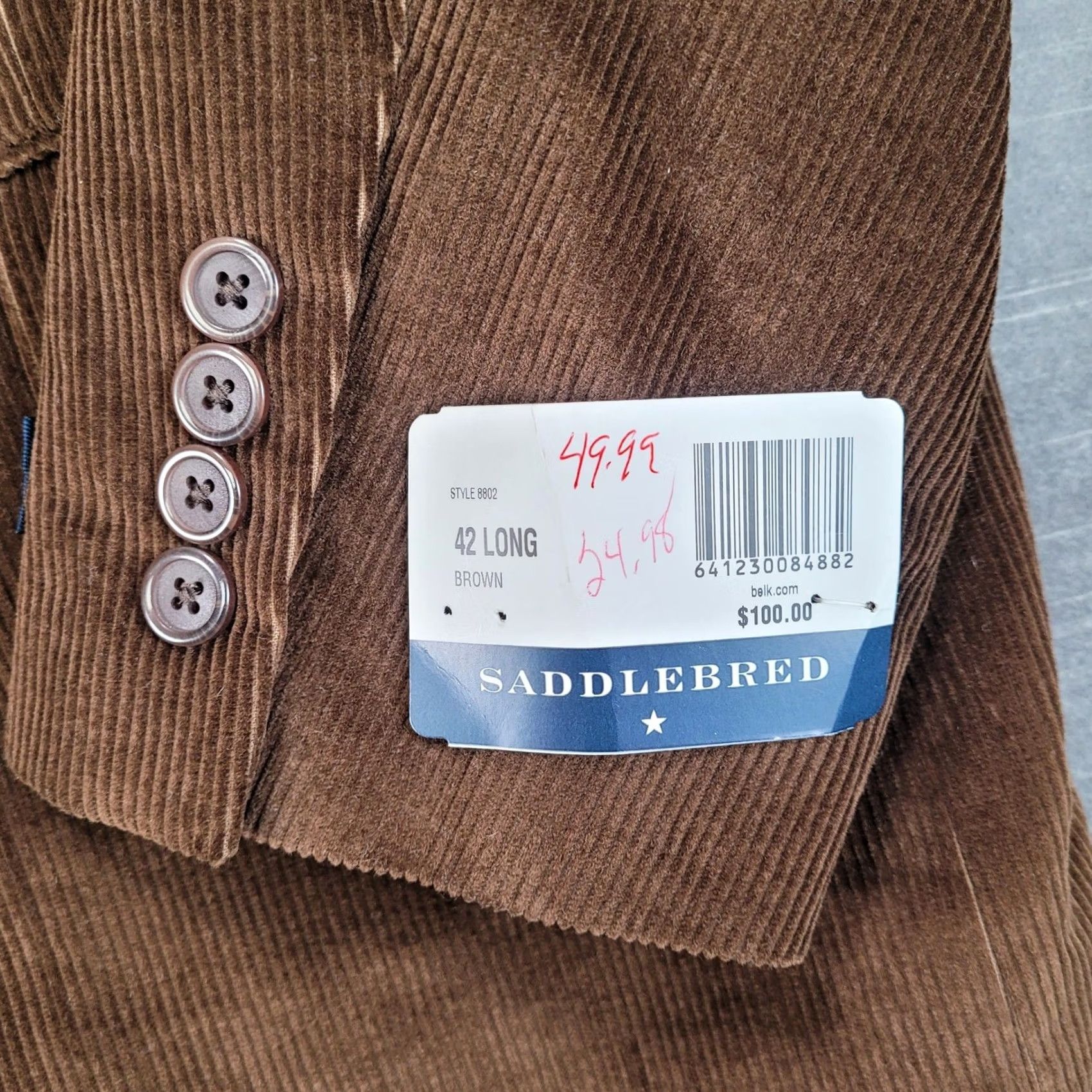 Vintage Saddlebred Mens Brown Corduroy Sport Coat Blazer Jacket 42 Long 2 Button New Size 42R - 3 Thumbnail