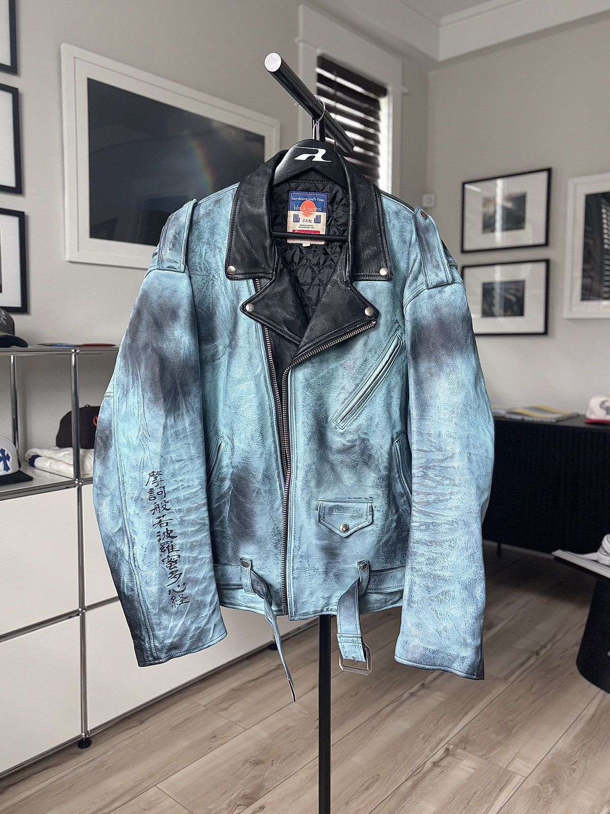 tim　blackmeans (BLUE) Blackmeans × Supreme PAINTED LEATHER JAPANESE BLUE BIKER LOGO