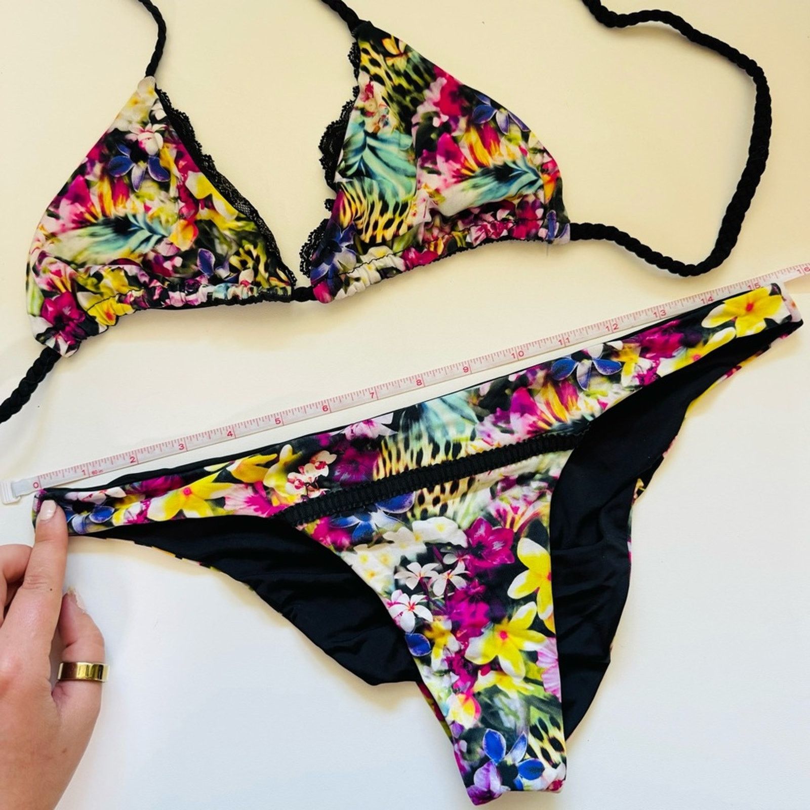 Anthropologie BEACH BUNNY Black Pink Floral Print Reversible Strap Bikini Size ONE SIZE - 7 Thumbnail