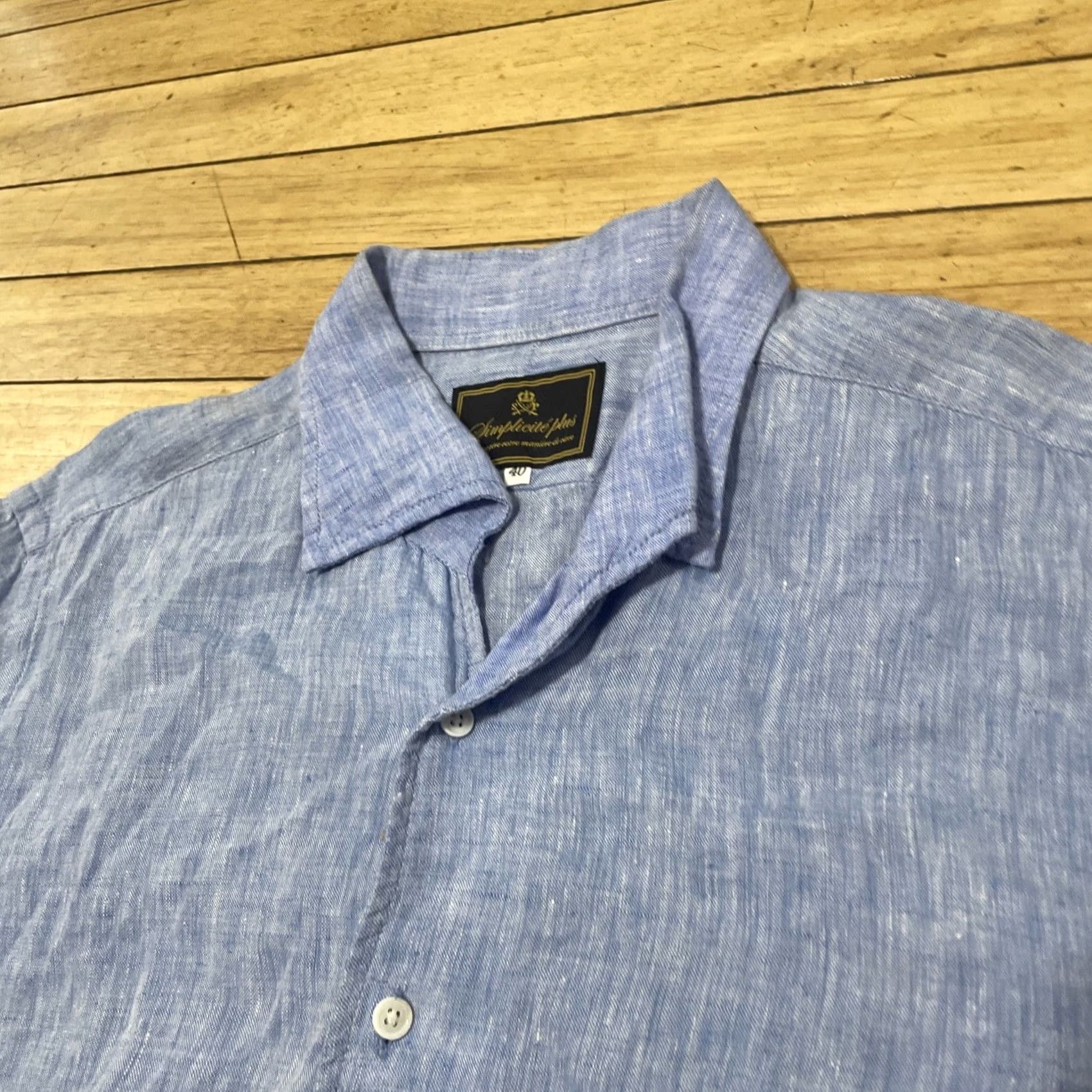 Vintage Simplicite Button-Up Shirt Men 40 Blue Linen Short Sleeve Casual Beach Nautical 90s Vintage Women? No Women. Mens Regular White? Wait. Size US M / EU 48-50 / 2 - 4 Thumbnail