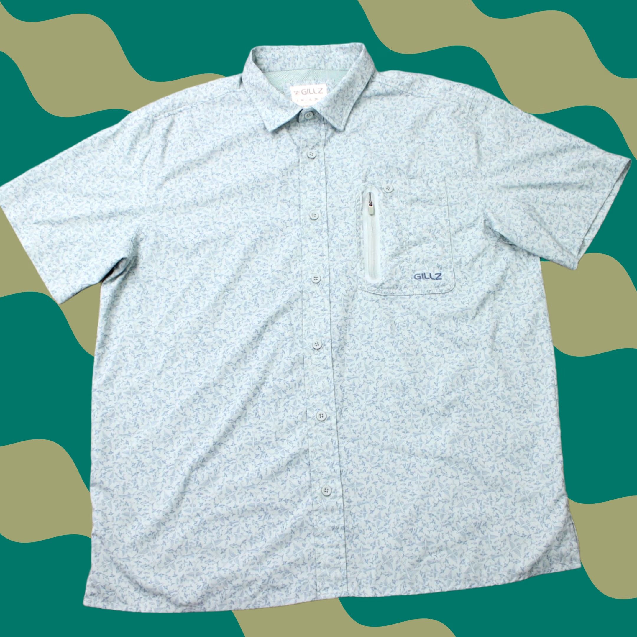 Vintage Gillz AOP Shirt Mens Large Blue Fish All Over Print Polyester Stretch L/S Button Up Shirt Size US L / EU 52-54 / 3 - 1 Thumbnail