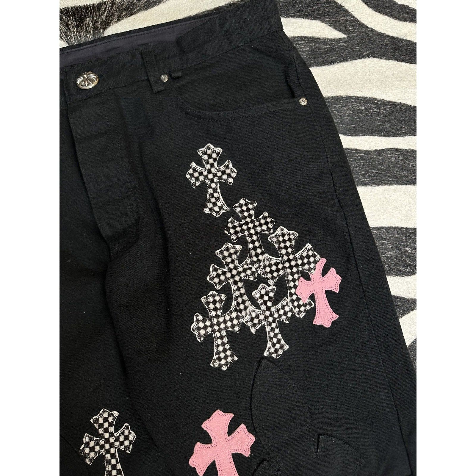 Chrome Hearts CHROME HEARTS PINK/CHECKERED FLEUR KNEE CROSS PATCH DENIM Size US 36 / EU 52 - 4 Thumbnail