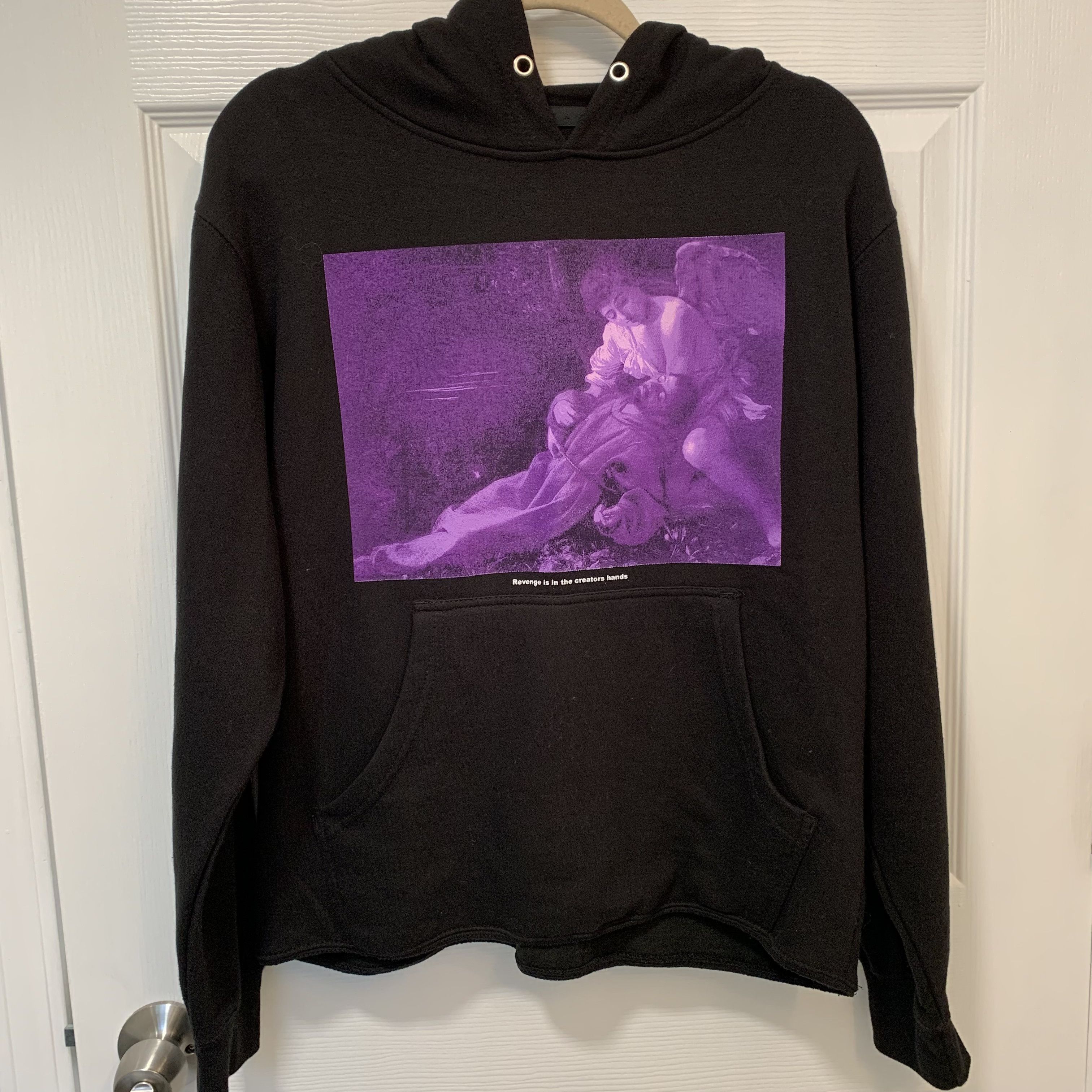 image of Revenge "Revenge Is In The Creators Hands" Hoodie in Black/Purple, Men's (Size Small)