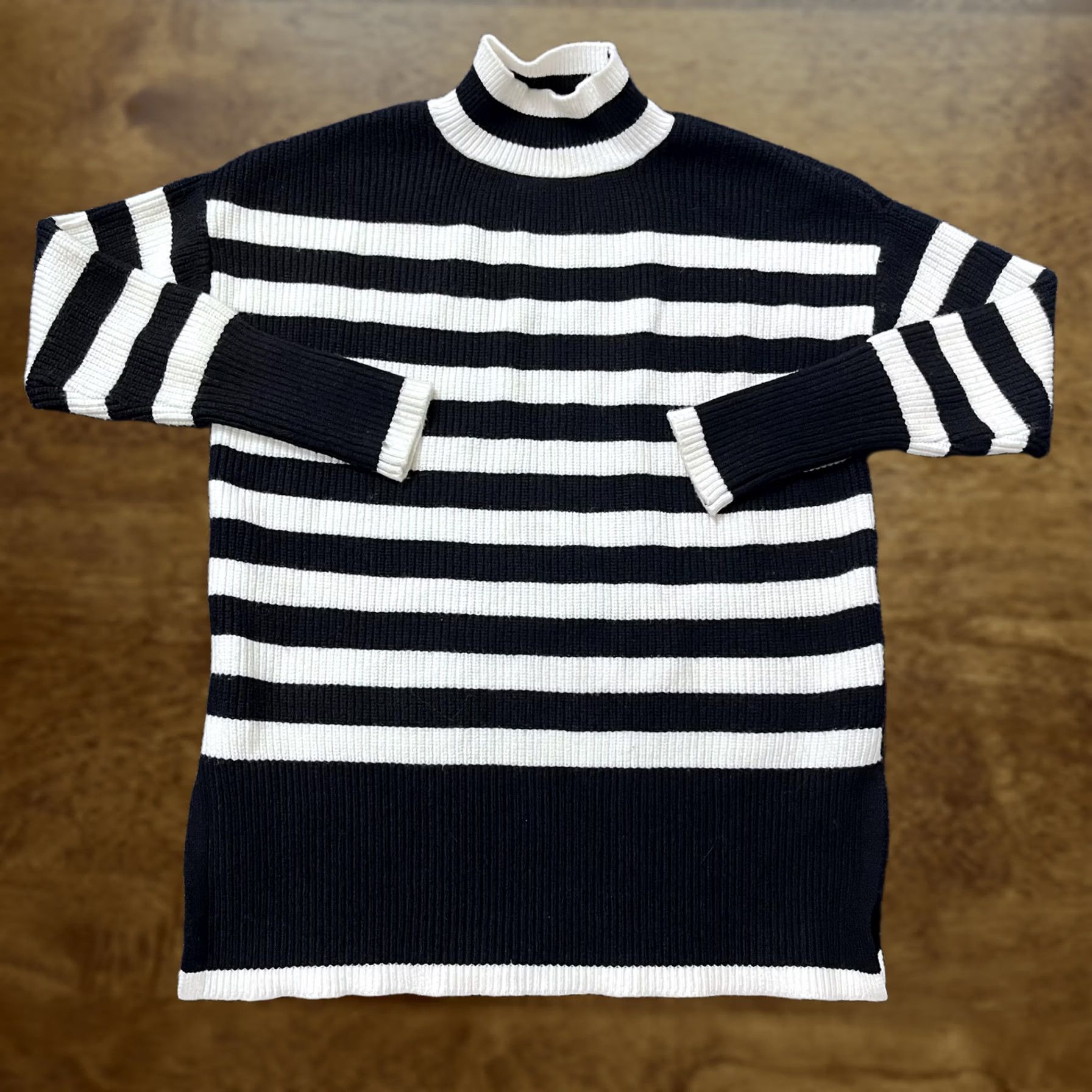 Vintage Philosophy Republic Clothing Sweater Womens XS Black White Stripe Mock Neck Pullover Knit Ribbed Long Sleeve Size XS / US 0-2 / IT 36-38 - 1 Thumbnail