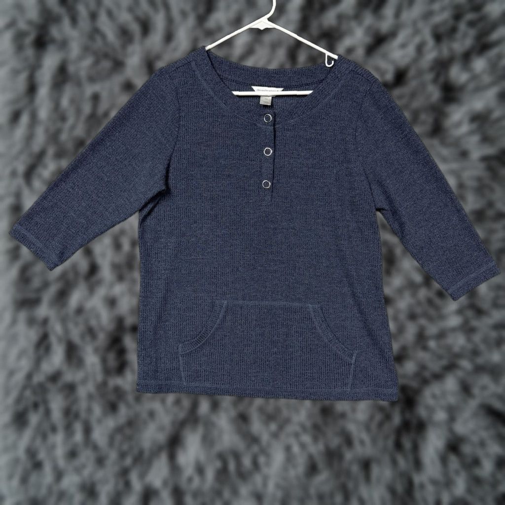 Vintage VINTAGE: No — Christopher & Banks Henley Sweater Womens Petite Blue Knit Waffle-Knit 3/4 Sleeve P/L Casual Sweater Size L / US 10 / IT 46 - 1 Thumbnail