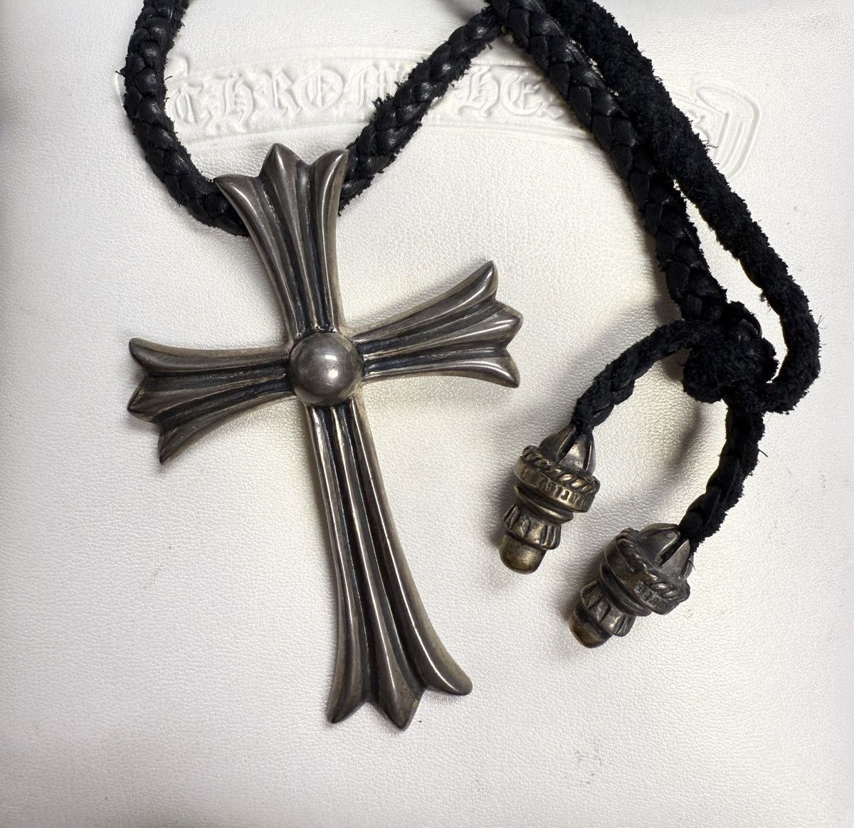 Chrome Hearts Large Cross Pendant Leather Braided Necklace