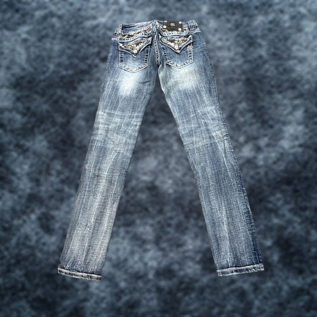 Miss Me VINTAGE Miss Me Jeans Low Rise Skinny 29x31 Bejeweled Rhinestone Blue Womens Girls Pants 2000s Y2K Skinny Jeans Size 29" - 1 Thumbnail
