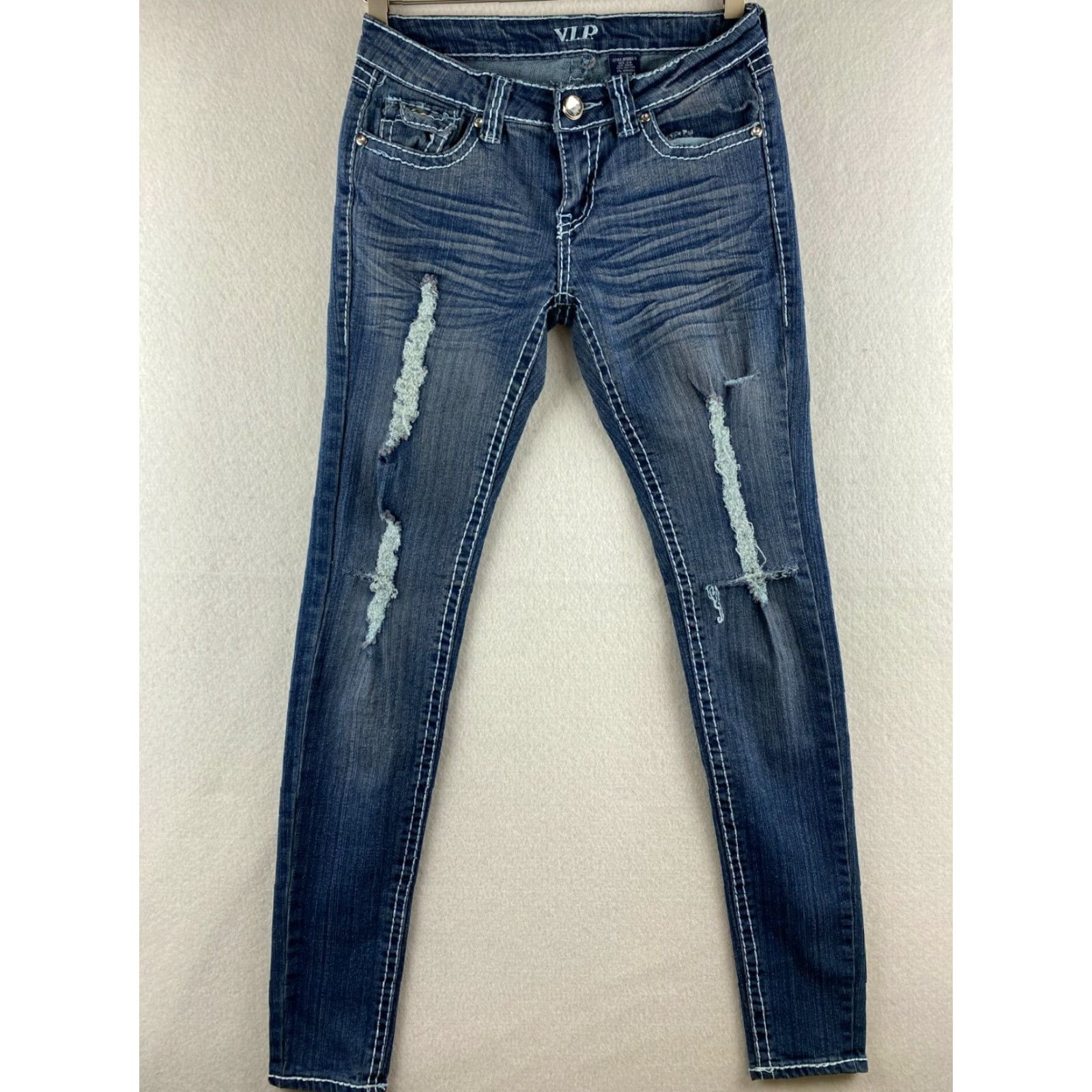 Vintage VIP Jeans Blue Skinny Jeans Women 4 Distressed 5-Pocket Denim Stretch Distress Flap Pocket Modern Vintage No Size 27" / US 4 / IT 40 - 2 Thumbnail