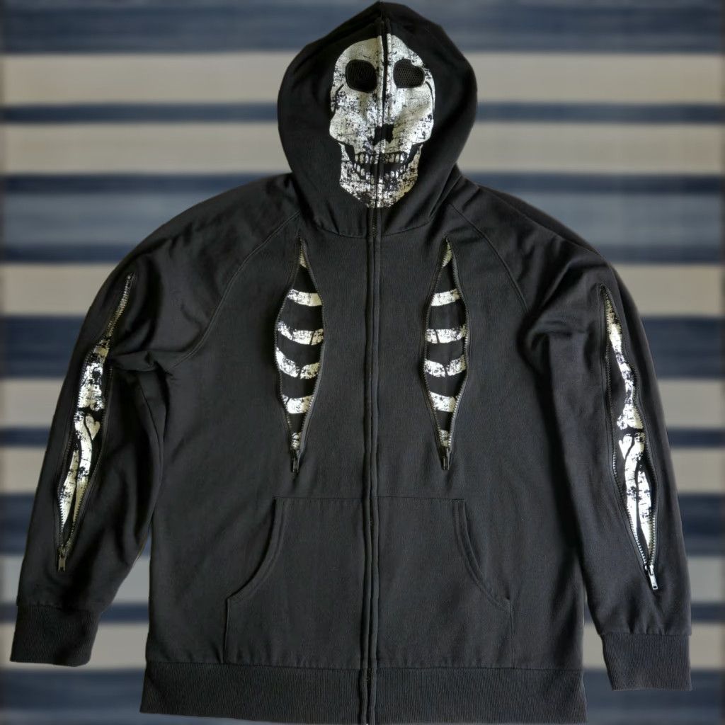 Rude XXX Black Large Skeleton Skull Death Gothic Grunge Full Zip Hoodie Jacket Mens Size L