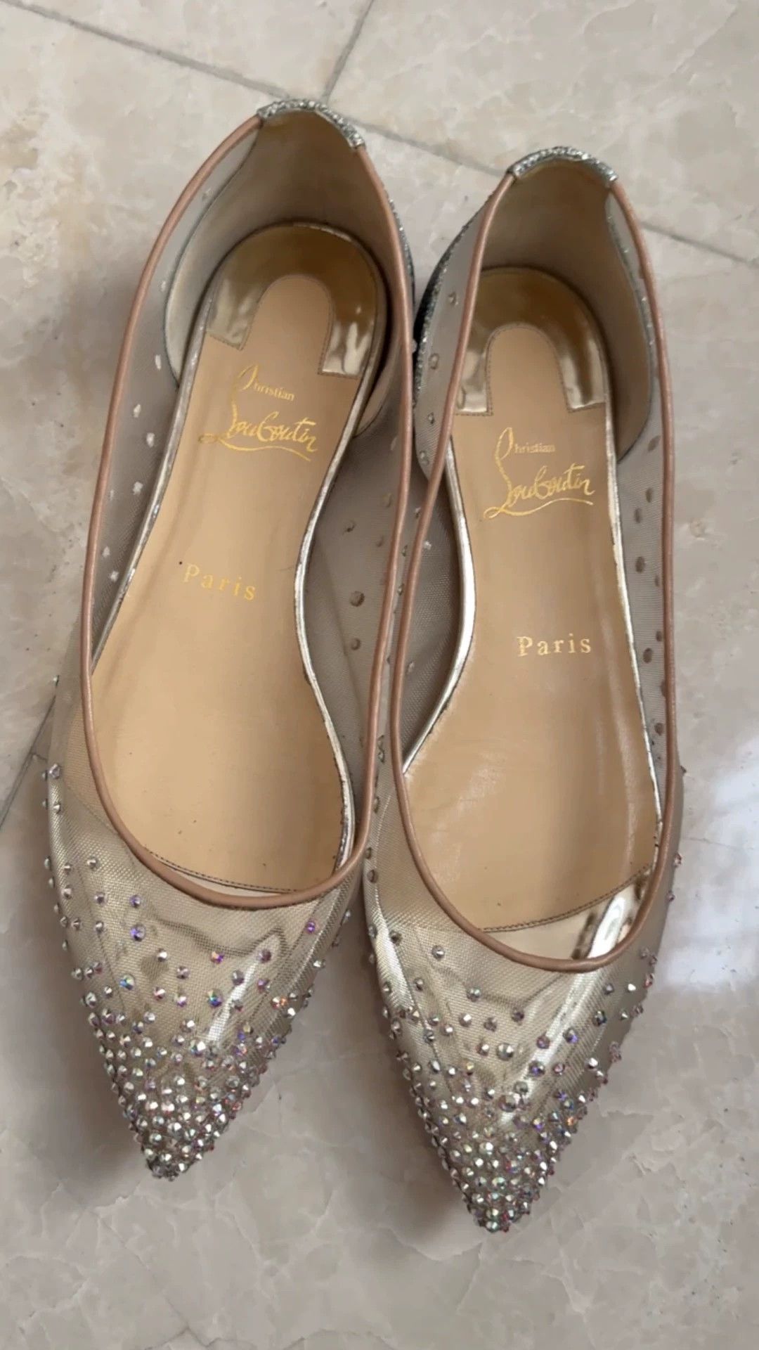 Christian Louboutin CL Wmns Nude Pointed Toe Tulle Crystal Flats 38 (Worn 1-2x) Size US 7.5 / IT 37.5 - 1 Thumbnail