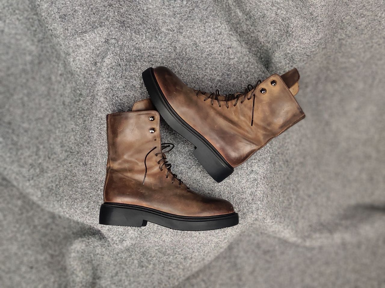 Lemargo Design Combat Leather Brown Lace Up Zip Womens Boots