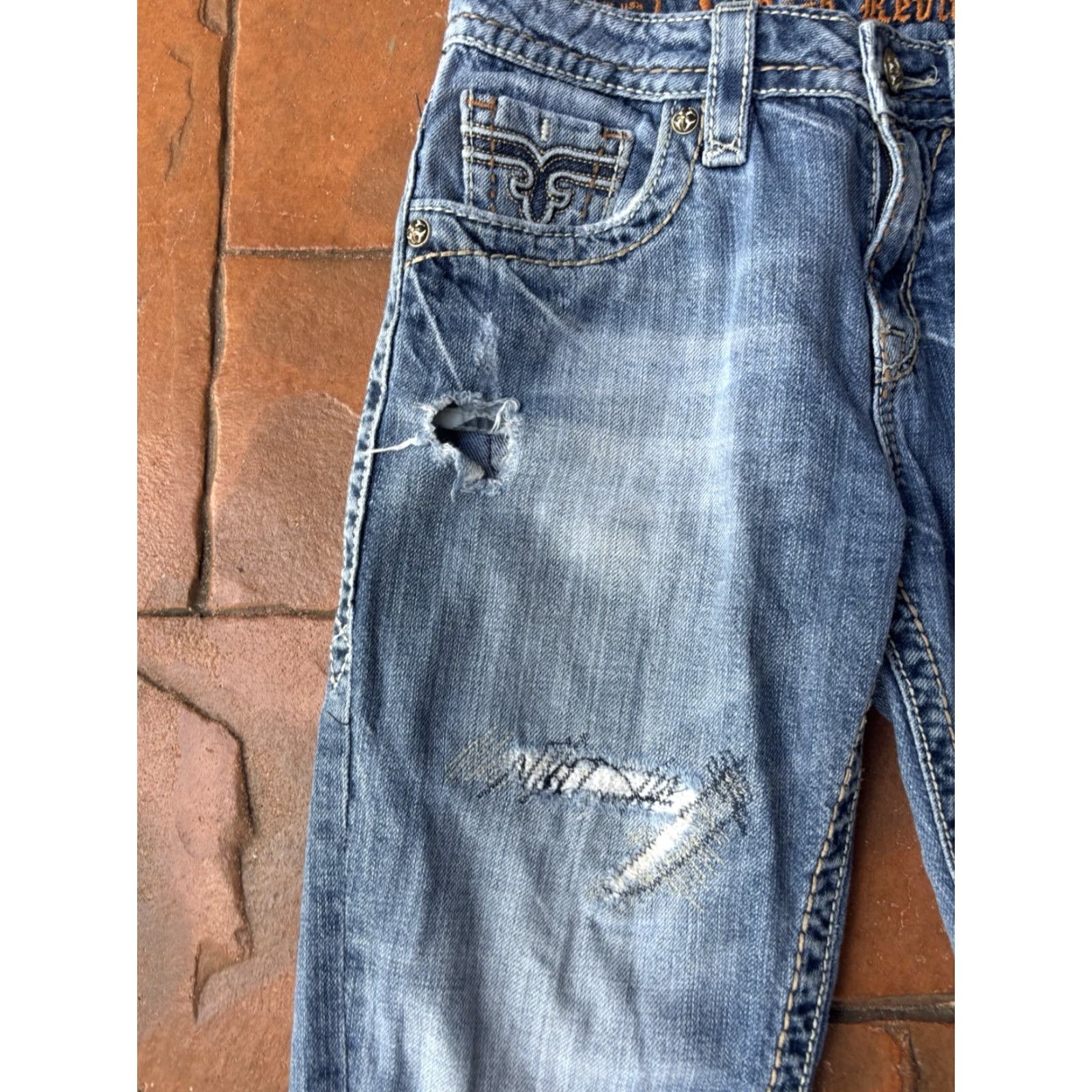 Vintage VINTAGE? (No) Rock Revival Lydia Slim Boyfriend Jeans Women’s 27x24 Distressed Blue Cotton Rock Distressed Jeans Womens 27 Rock Theme 90s? Not needed. Size 27" / US 4 / IT 40 - 4 Thumbnail