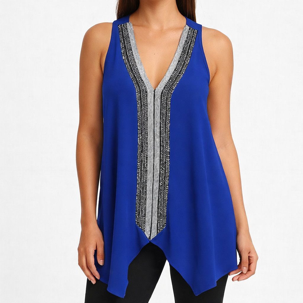 Parker Blue Beaded V-Neck Racerback Silk Sleeveless Blouse Boho Size S / US 4 / IT 40 - 1 Thumbnail