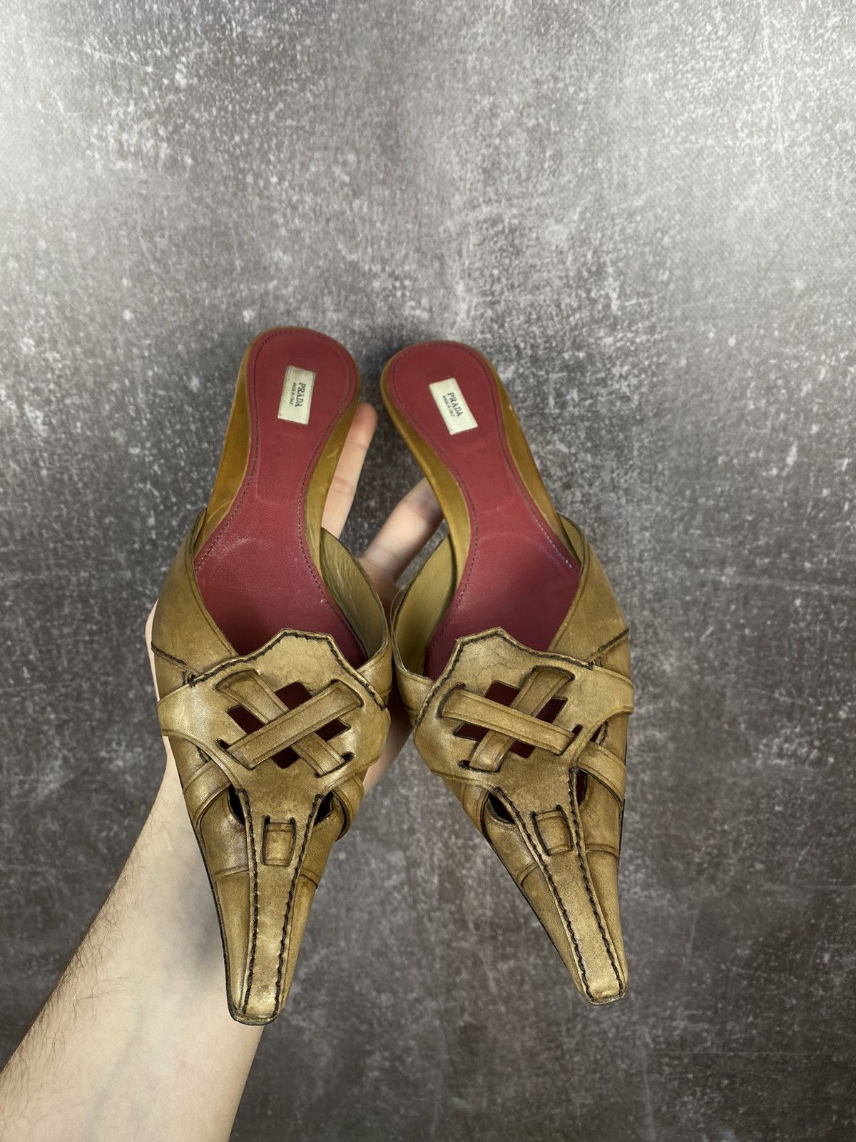 Miu Miu Prada Leather Open Side Court Shoes Heels Kitten in Brown, Women's (Size 9.5)