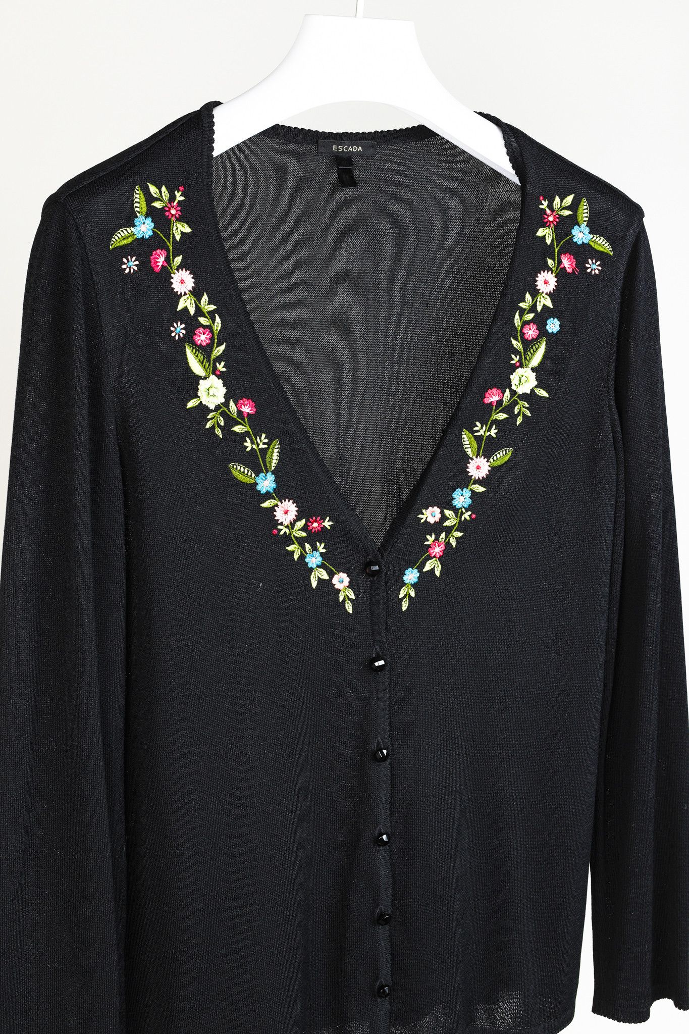 Escada Escada Black Floral Embroidered Deep V Cardigan Size S / US 4 / IT 40 - 3 Thumbnail