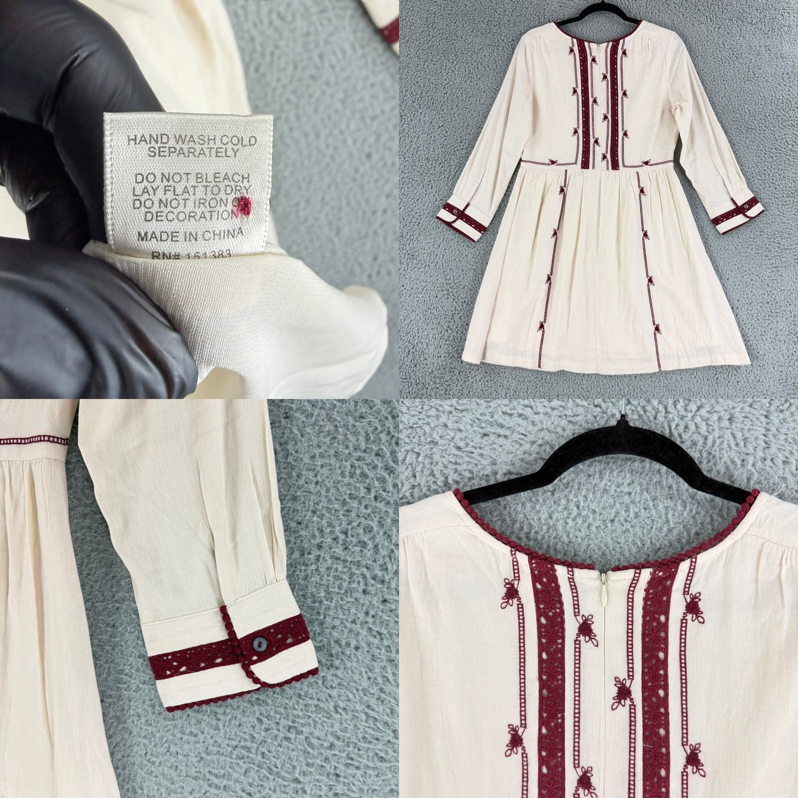 Vintage Current Air Mini Dress Womens M Ivory Burgundy Embroidered Boho Round Neck Long Sleeve A-Line Short Dress Size M / US 6-8 / IT 42-44 - 9 Thumbnail