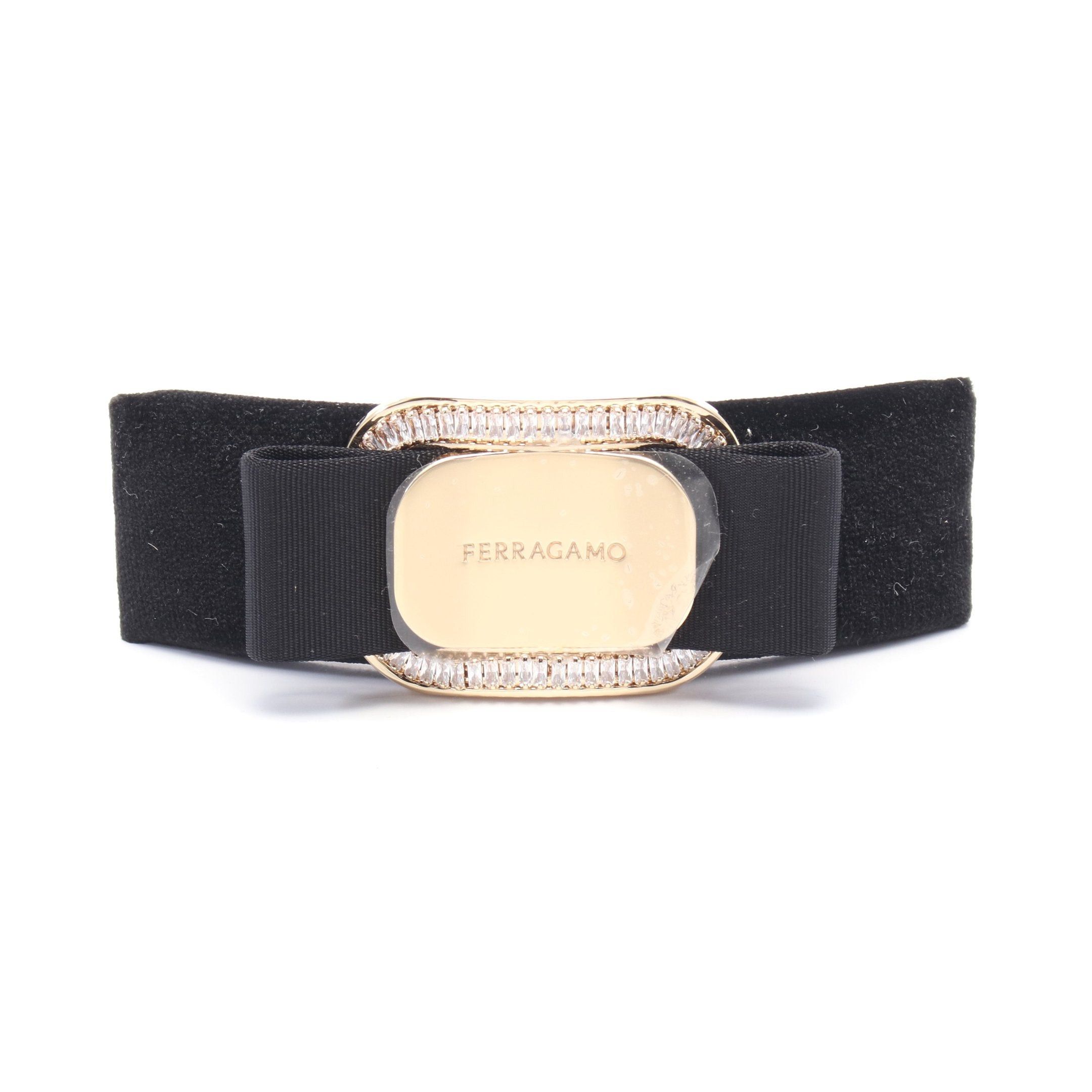 Salvatore Ferragamo Ribbon Barretta Velvet Gp Crystal Black Gold Clear