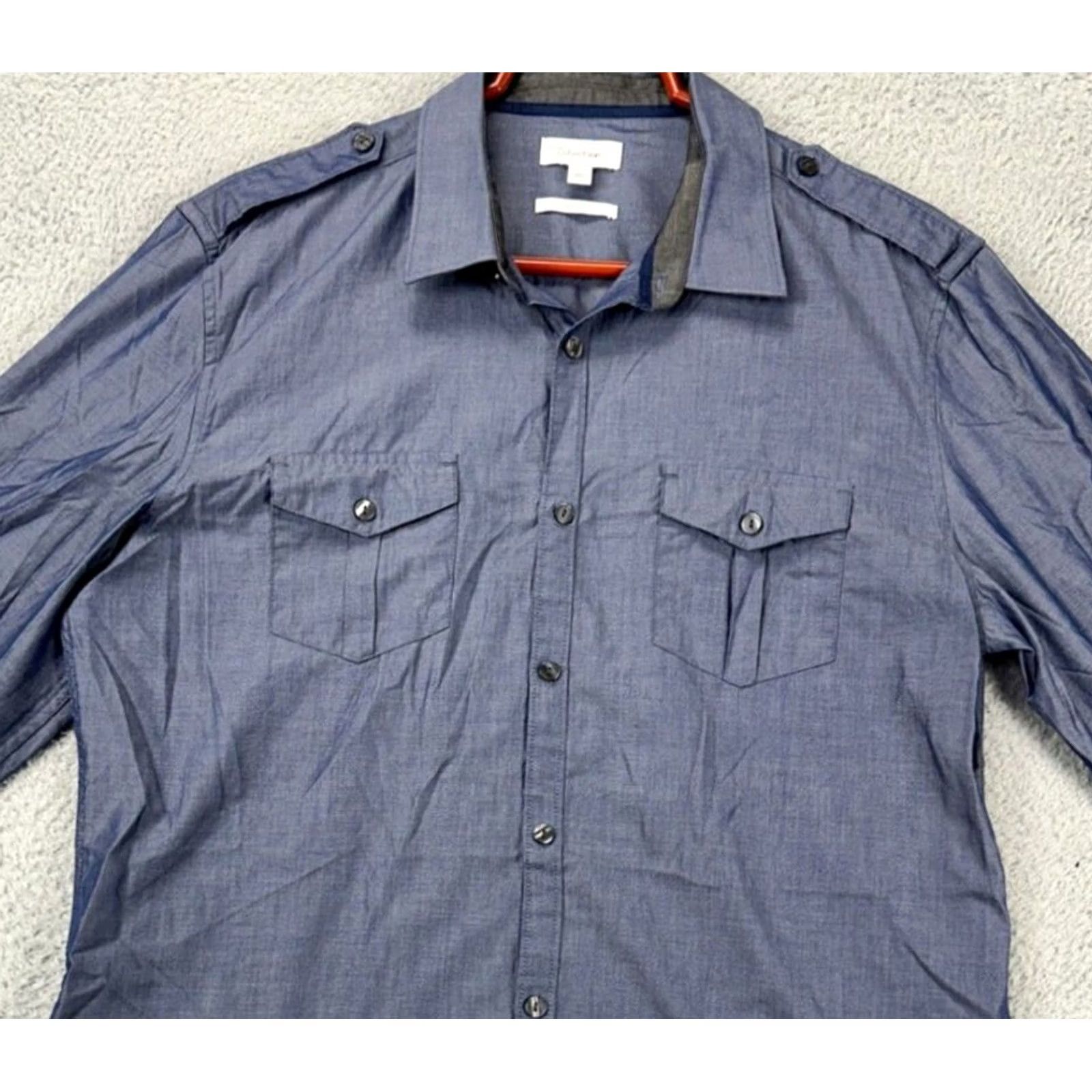 Calvin Klein Calvin Klein Button-Up Shirt Mens Large Blue 100% Cotton Slim Fit Flap Pocket Button Up Short Sleeves? Size US L / EU 52-54 / 3 - 2 Thumbnail