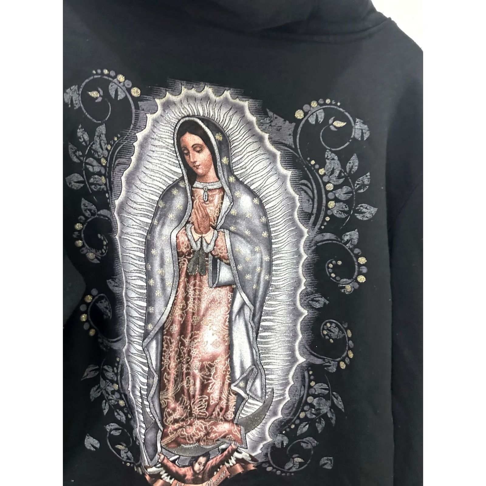 Vintage VTG Virgin Of Guadalupe Reyna Catholic Mary Black Hoodie Sweatshirt Pro One Size L Mens Pullover Span: Black Mary Virgin Of Guadalupe Hoodie Mens L Size US L / EU 52-54 / 3 - 3 Thumbnail