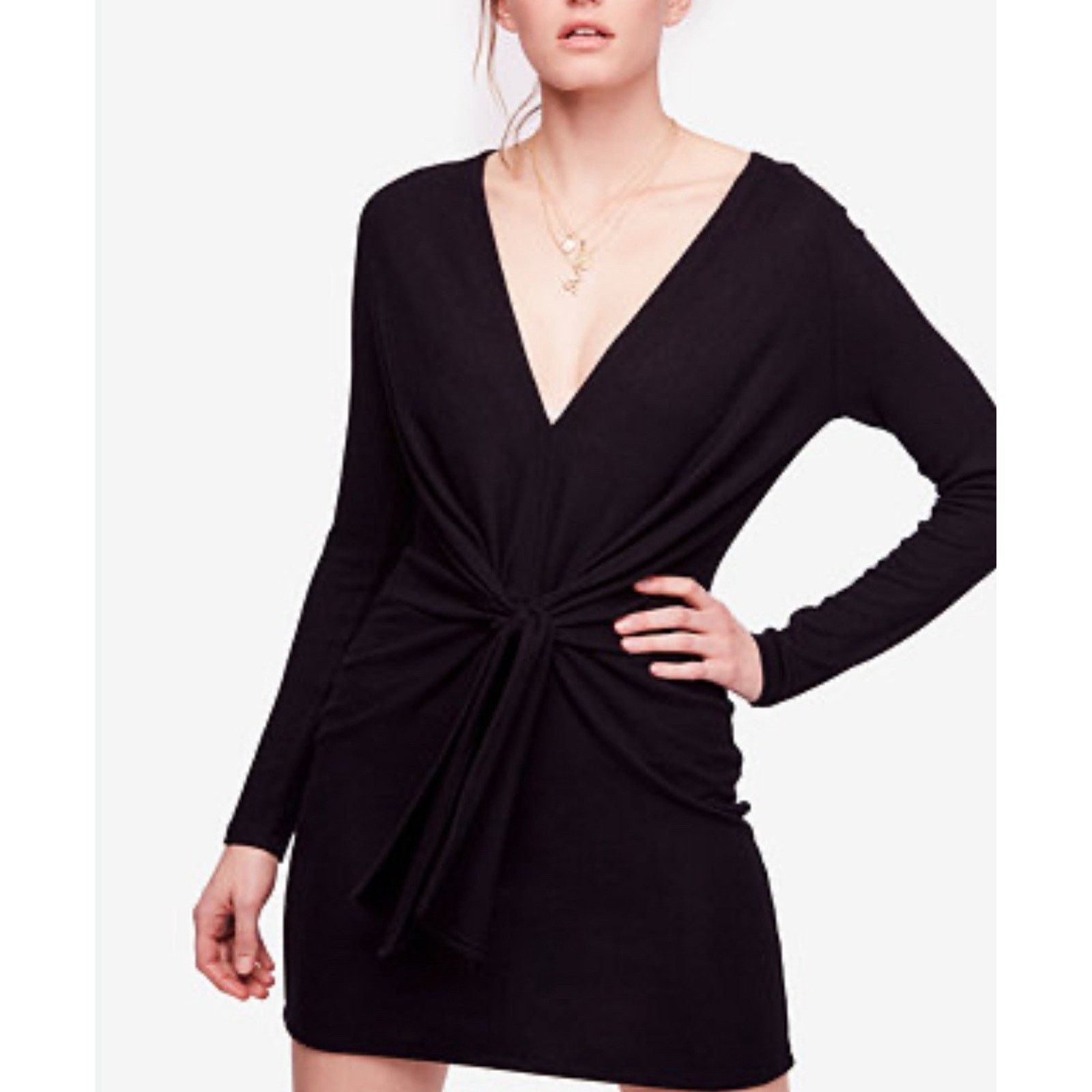 Free People Free People Long V Neck Tie Black Dress Medium A003222 Size M / US 6-8 / IT 42-44 - 1 Thumbnail