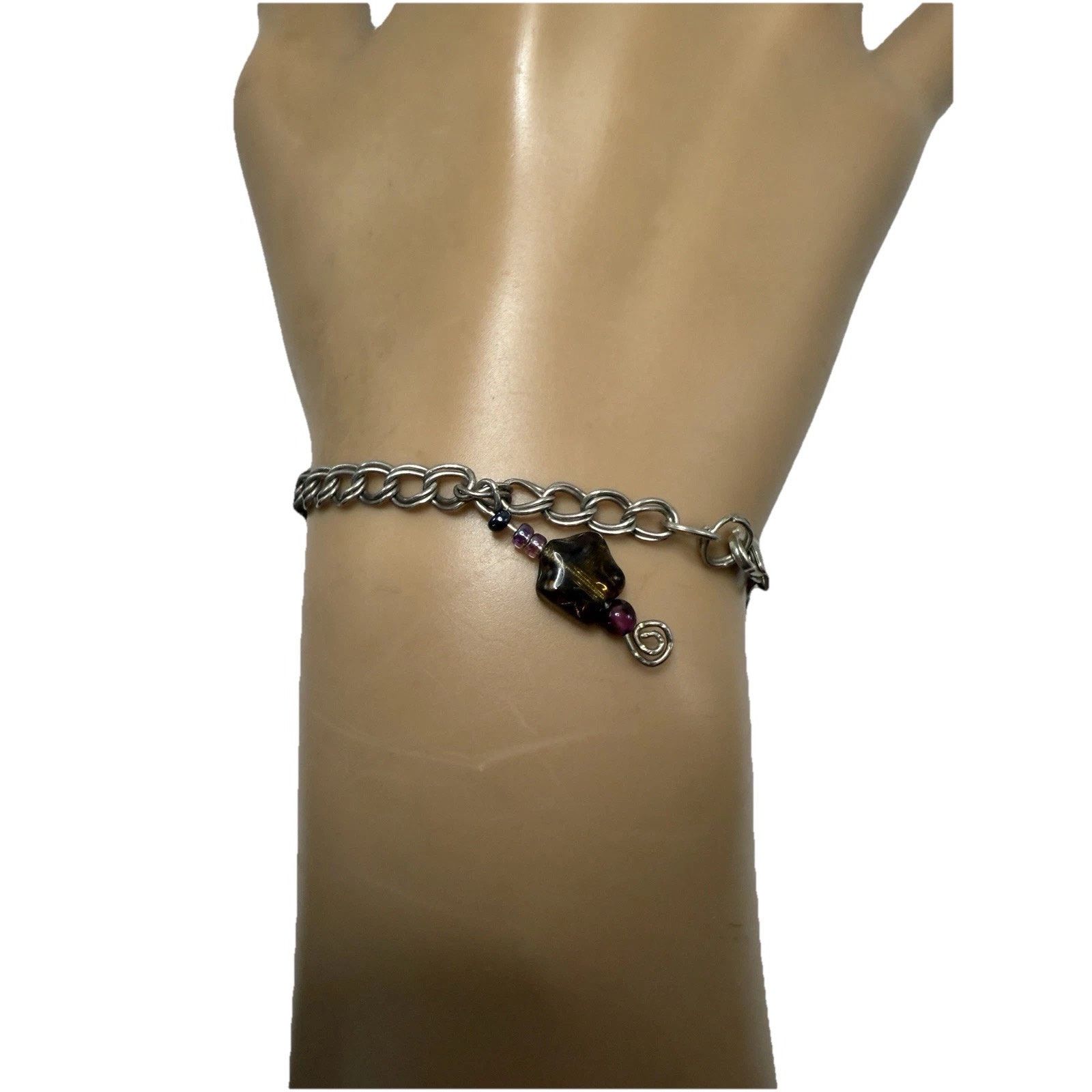 Sterling Silver Signed 925 Sterling Silver Charm & Beaded Bracelet 6.75” Size ONE SIZE - 7 Thumbnail