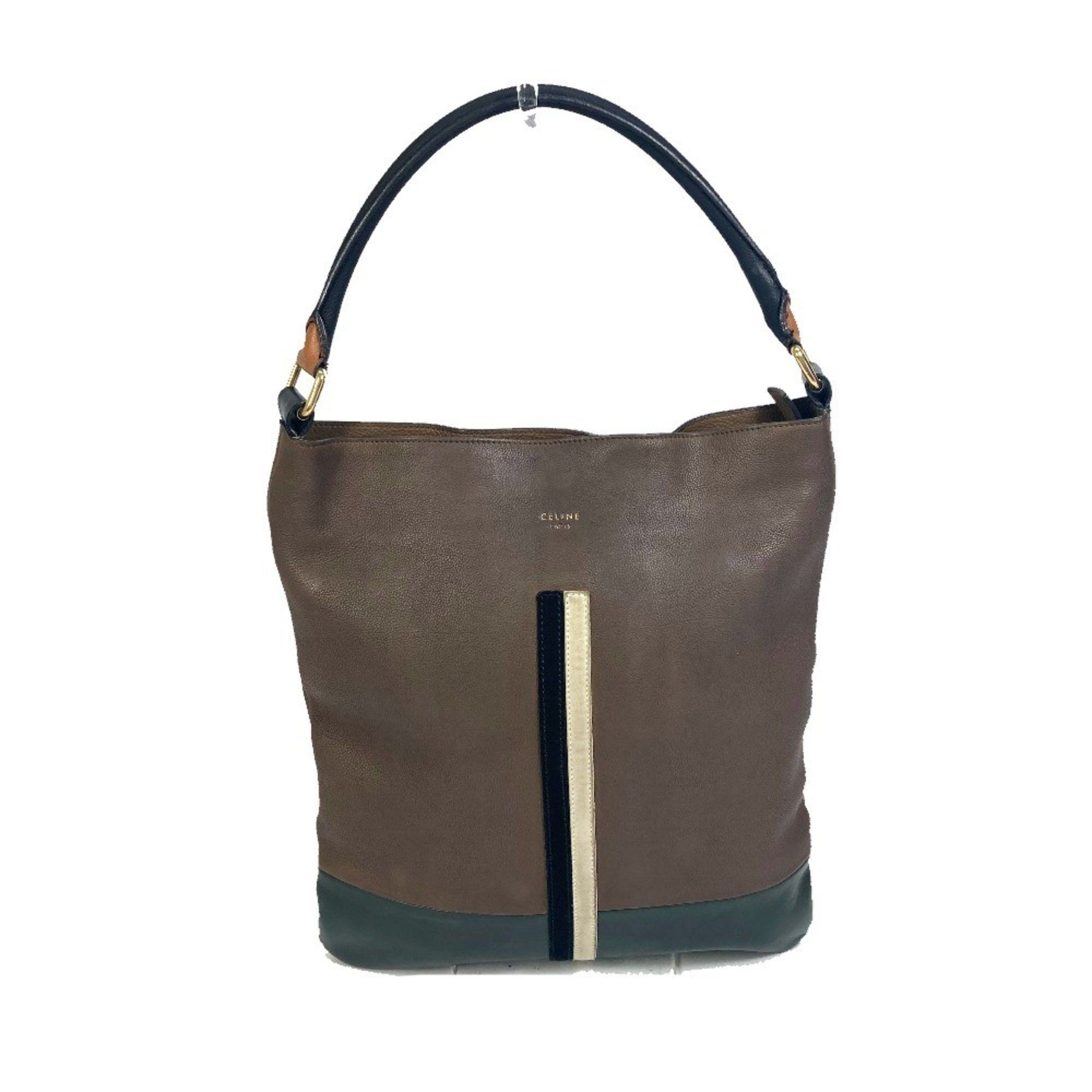 CELINE Two-tone Striped Tote Bag Leather Shoulder Women's Brown