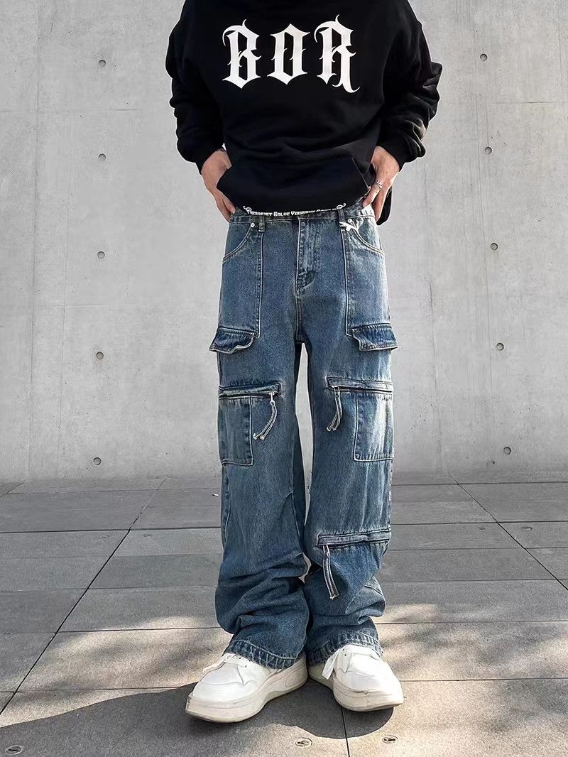 High street multi-pocket zipper work jeans