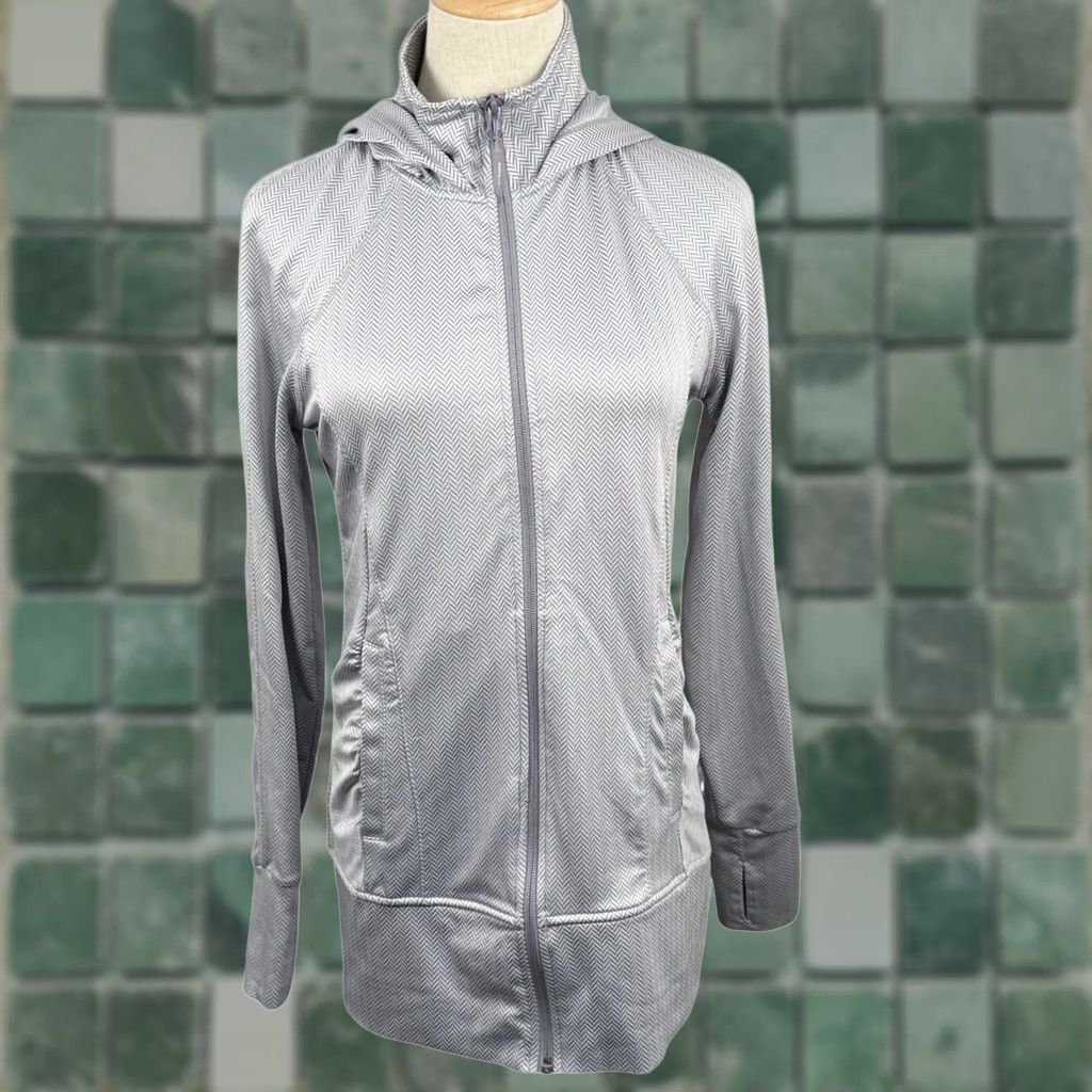 Vintage Mondetta Women XS Full Zip Hooded Performance Jacket Grey Herringbone Thumbholes Jacket Size XS / US 0-2 / IT 36-38 - 1 Thumbnail