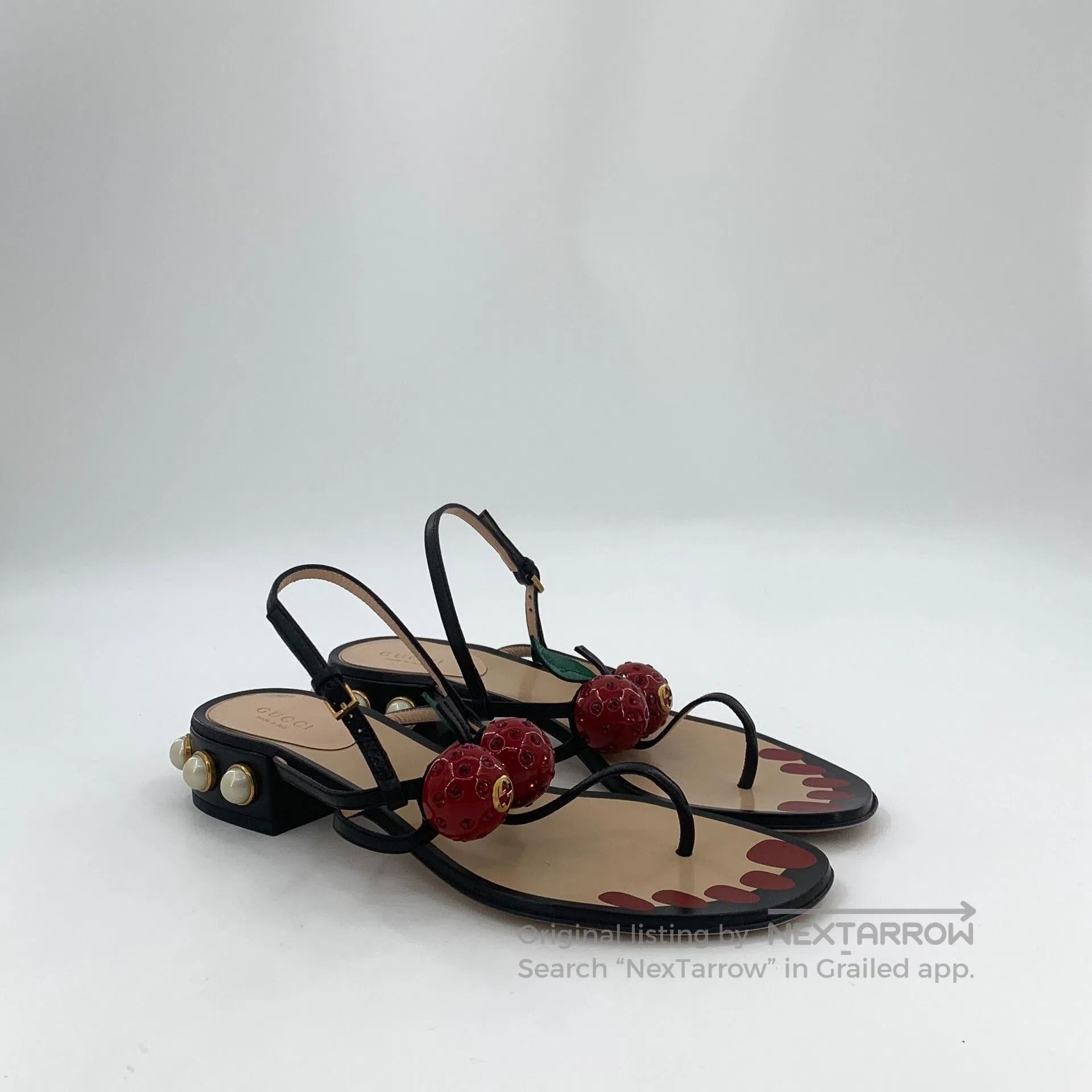 Gucci Gucci 37 Black Pearl Cherry Thong Sandals. Size US 6 / IT 36 - 2 Thumbnail